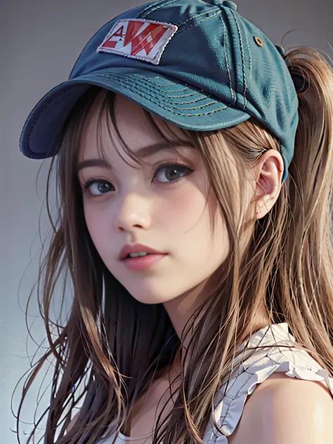 (((raw image quality:1.4))), 1 girl, terry bogard girl, blonde hair, ponytail, blue eyes, baseball cap, focus of the eye, (highe...