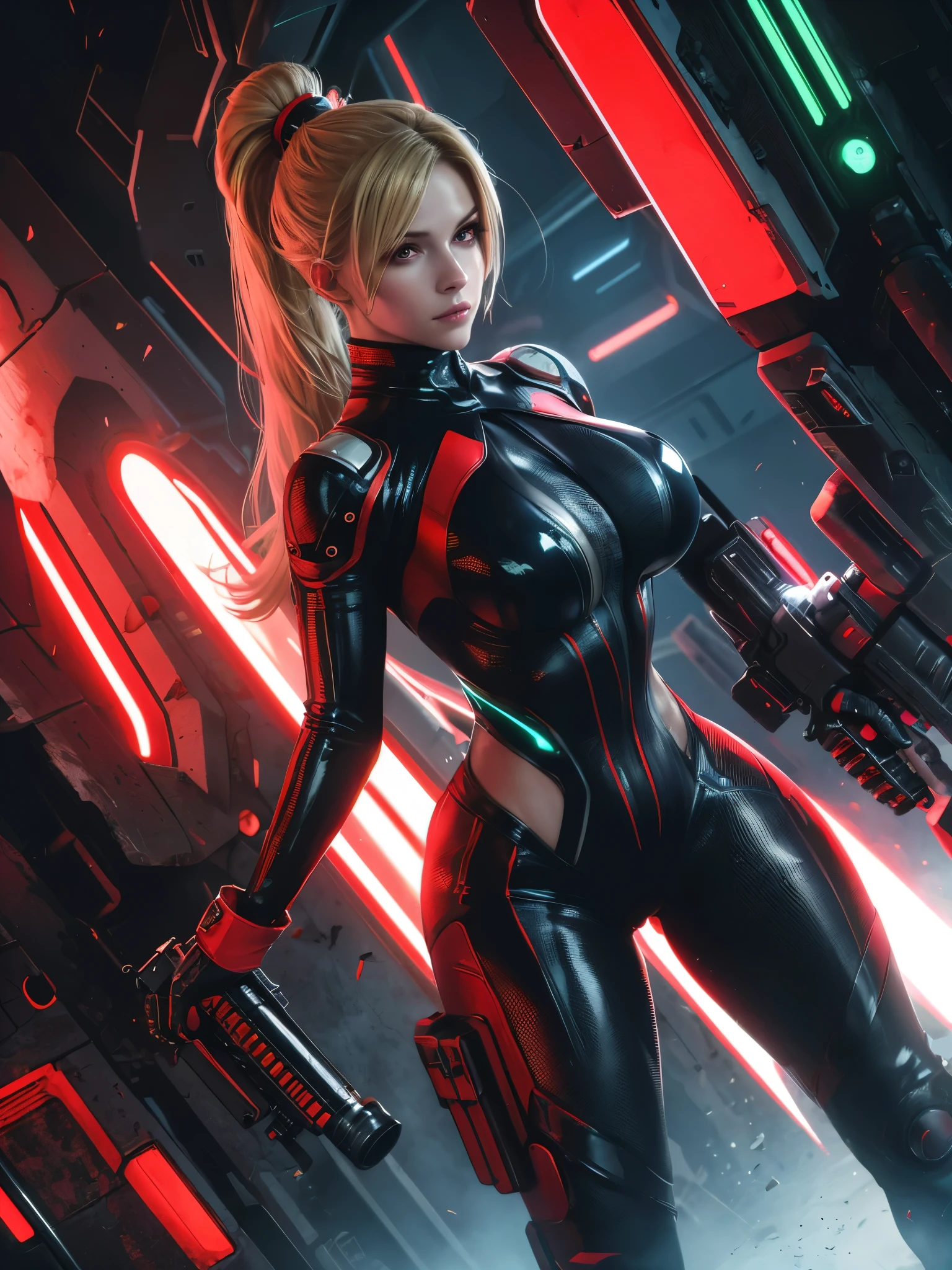 4k, best quality, realistic, detailed, A beautiful woman whose right hand has been modified into a Gatling gun. Her left eye glows red and emits infrared rays. She has long blonde hair tied up. She wears blue leather bodysuit and white boots. She has a great body style. She is fighting automata in a ruined futuristic city.