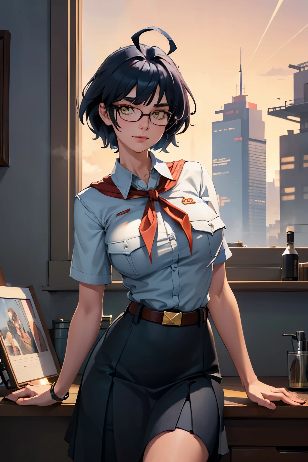 dark blue hair, short disheveled hair, (huge ahoge:1.3), raised eyebrows, sparkling eyes, yellow eyes, evil smile, atmospheric perspective, anime style, cinematic lighting, glowing light, Wide-Angle, 8k, best quality, masterpiece, high details, high quality, slim and fit young girl, perfect huge bursting breast, slim waist, pioneer neckerchief, blue micro skirt, bangs, white bursting on breast very thight shirt, short sleeves, collared shirt, belt, eyelashes, red neckerchief, breast pocket, milfication, (rectangular glasses:1.2)