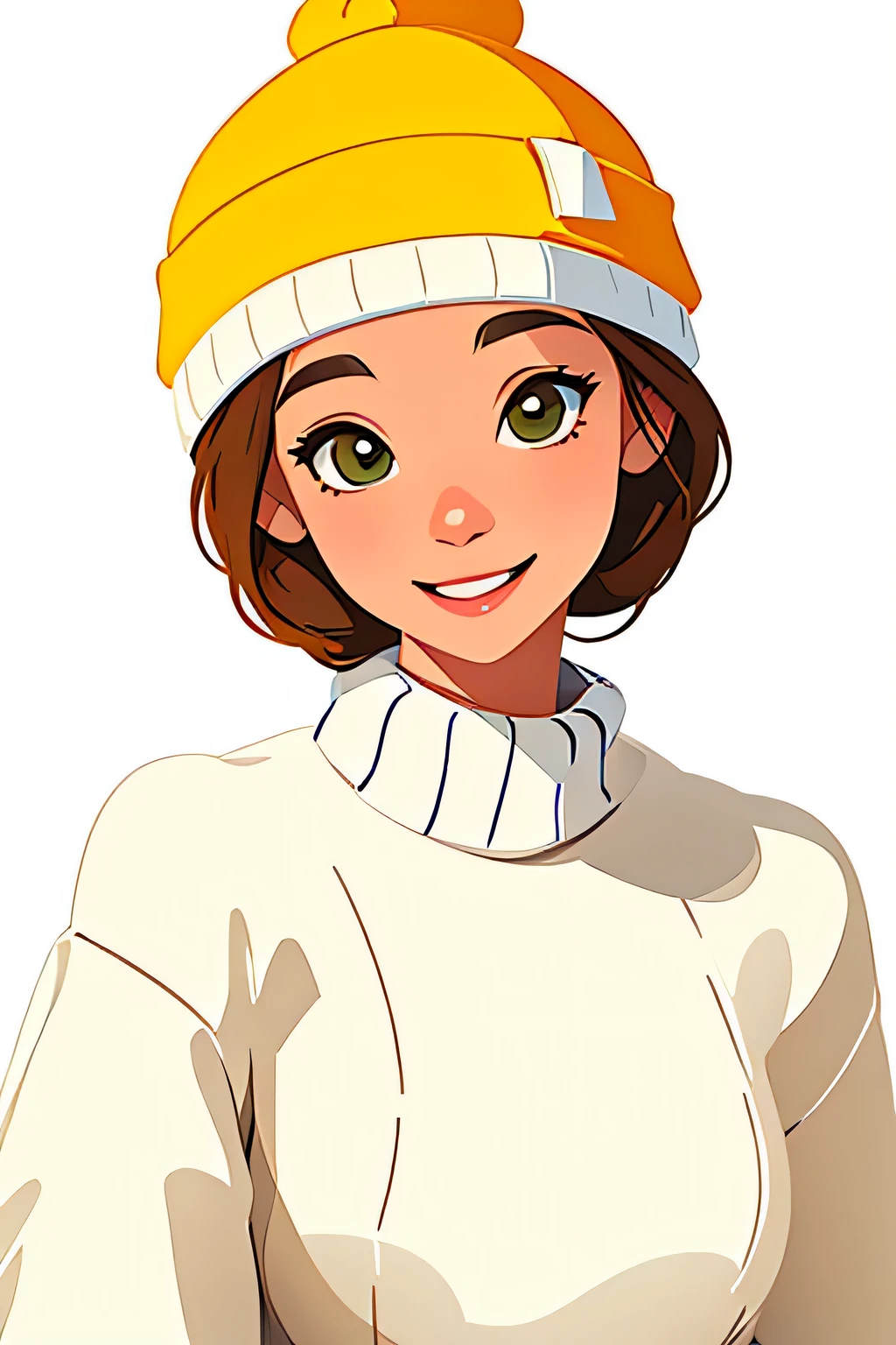 closeup, samdoesarts style beautiful woman, white background ,sam yang style,a woman wearing a yellow sweater and a knitted hat, wearing a cute hat, knitted hat, high detailed, 8k, Bright, happy face