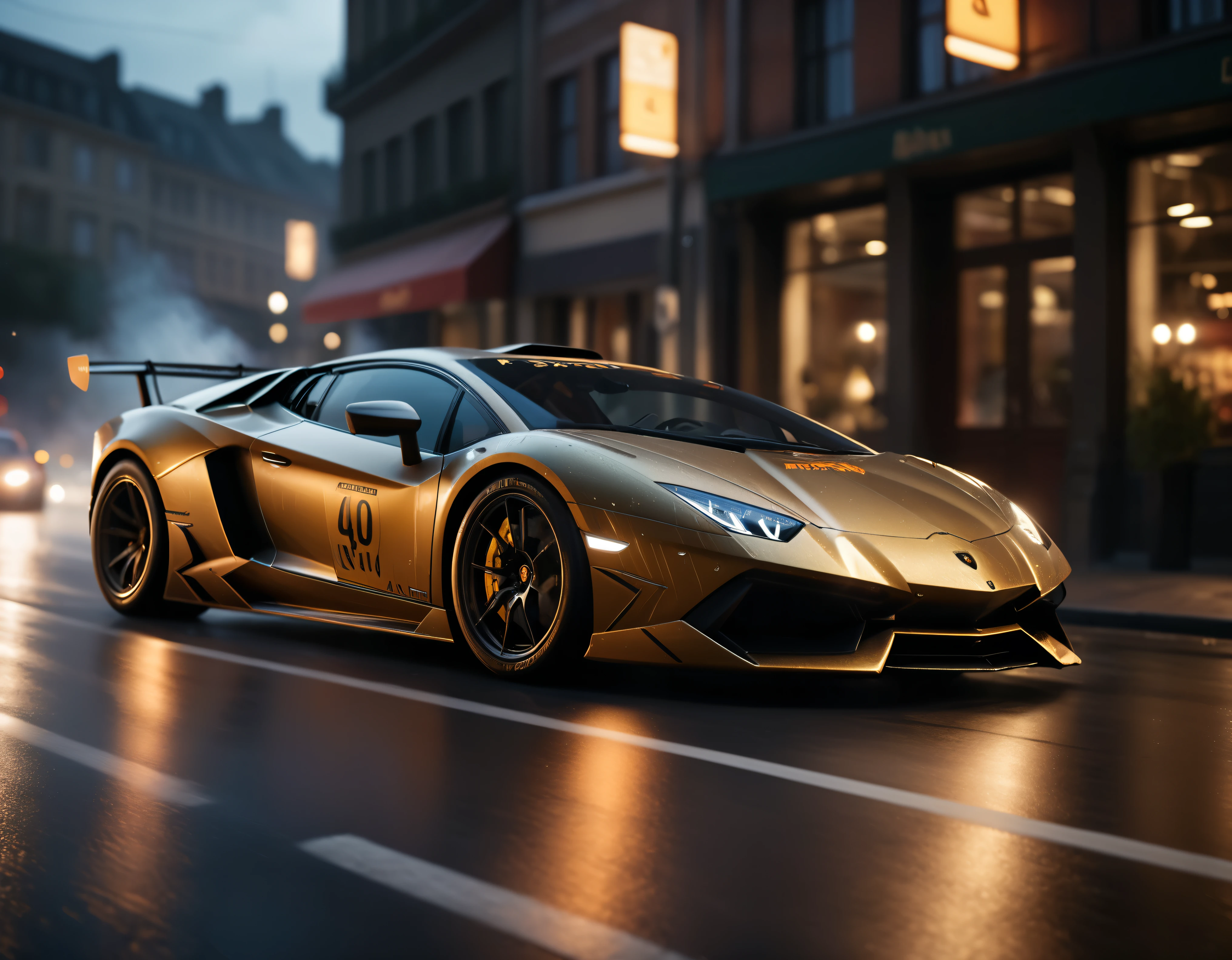 ((Masterpiece in maximum 16K resolution):1.6),((soft_color_photograpy:)1.5), ((Ultra-Detailed):1.4),((Movie-like still images and dynamic angles):1.3), ((motion blur):1.1) | (Cinematic photo of a speeding Lamborghini race car), (street race), (cinematic lens), ((tyndall effect):1.1), (Street light), (smoke), (super car), (Night at City Street), (sense of speed), (shimmer), (visual experience), (Realism), (Realistic), award-winning graphics, dark shot, film grain, extremely detailed, Digital Art, rtx, Unreal Engine, scene concept anti glare effect, All captured with sharp focus.

Rendered in ultra-high definition with UHD and retina quality, this masterpiece ensures anatomical correctness and textured skin with super detail. With a focus on high quality and accuracy, this award-winning portrayal captures every nuance in stunning 16k resolution, immersing viewers in its lifelike depiction. Avoid extreme angles or exaggerated expressions to maintain realism.