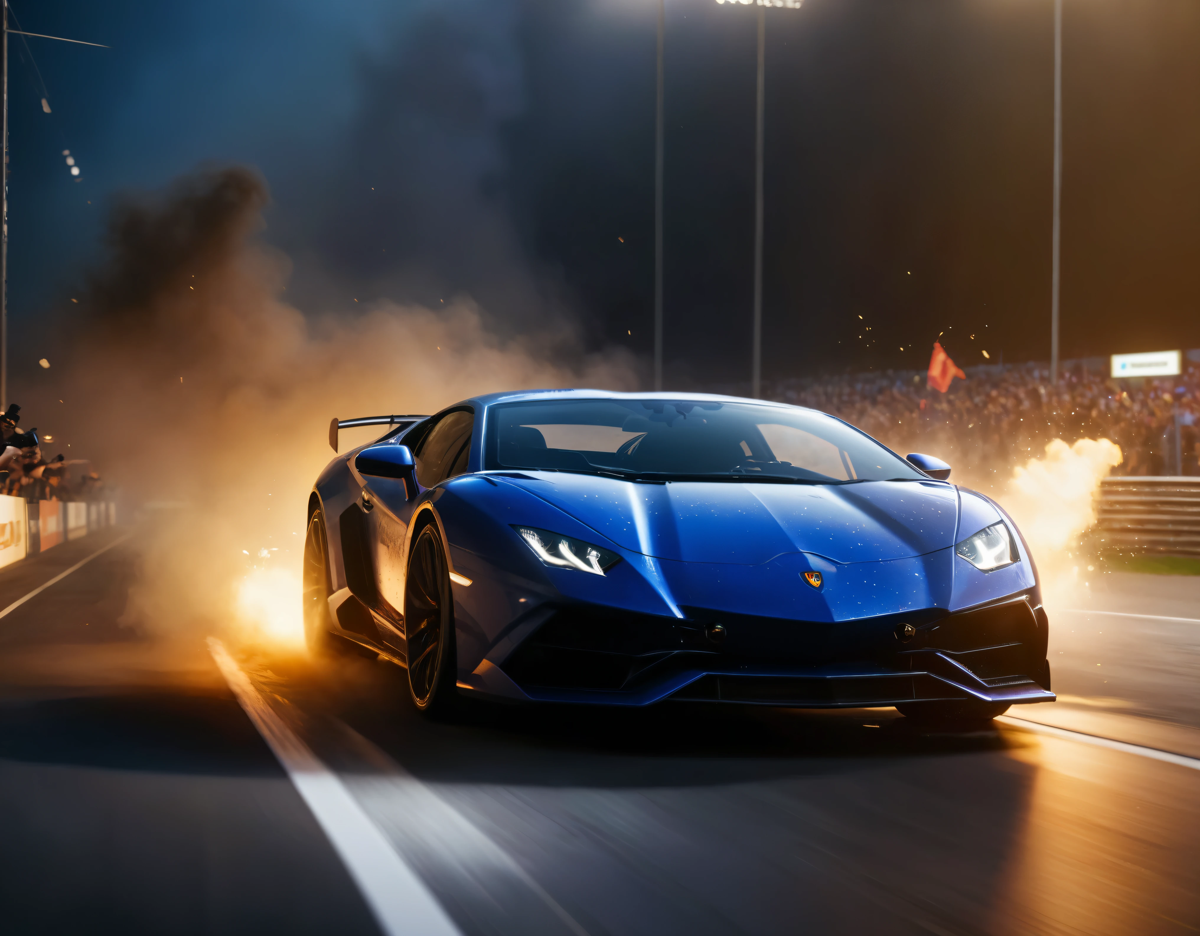 ((Masterpiece in maximum 16K resolution):1.6),((soft_color_photograpy:)1.5), ((Ultra-Detailed):1.4),((Movie-like still images and dynamic angles):1.3), ((motion blur):1.1) | (Cinematic photo of a speeding Lamborghini race car), (street race), (cinematic lens), ((tyndall effect):1.1), (Street light), (smoke), (super car), (Night at City Street), (sense of speed), (shimmer), (visual experience), (Realism), (Realistic), award-winning graphics, dark shot, film grain, extremely detailed, Digital Art, rtx, Unreal Engine, scene concept anti glare effect, All captured with sharp focus.

Rendered in ultra-high definition with UHD and retina quality, this masterpiece ensures anatomical correctness and textured skin with super detail. With a focus on high quality and accuracy, this award-winning portrayal captures every nuance in stunning 16k resolution, immersing viewers in its lifelike depiction. Avoid extreme angles or exaggerated expressions to maintain realism.