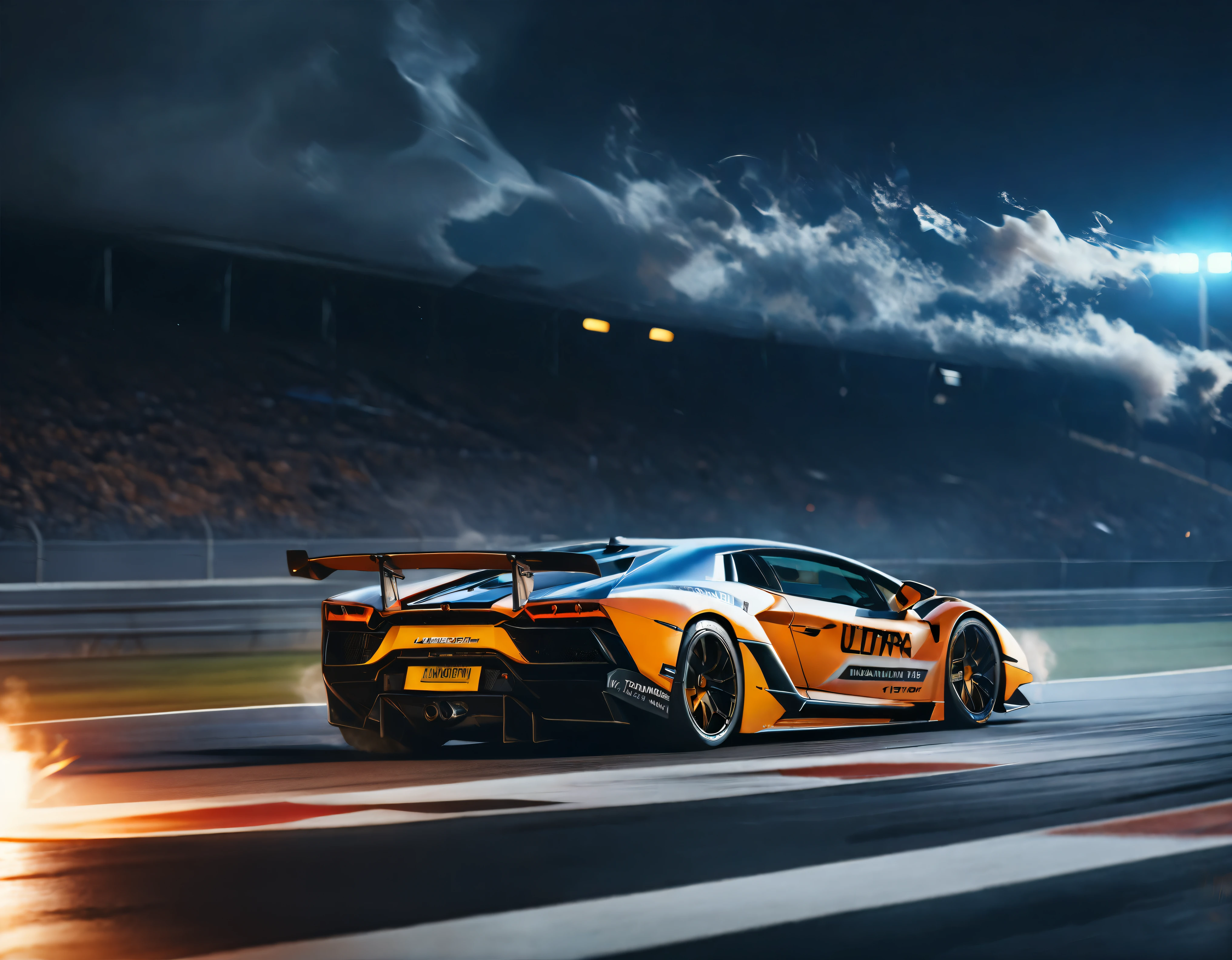 ((Masterpiece in maximum 16K resolution):1.6),((soft_color_photograpy:)1.5), ((Ultra-Detailed):1.4),((Movie-like still images and dynamic angles):1.3), ((motion blur):1.1) | (Cinematic photo of a speeding Lamborghini race car), (street race), (cinematic lens), ((tyndall effect):1.1), (Street light), (smoke), (super car), (Night at City Street), (sense of speed), (shimmer), (visual experience), (Realism), (Realistic), award-winning graphics, dark shot, film grain, extremely detailed, Digital Art, rtx, Unreal Engine, scene concept anti glare effect, All captured with sharp focus.

Rendered in ultra-high definition with UHD and retina quality, this masterpiece ensures anatomical correctness and textured skin with super detail. With a focus on high quality and accuracy, this award-winning portrayal captures every nuance in stunning 16k resolution, immersing viewers in its lifelike depiction. Avoid extreme angles or exaggerated expressions to maintain realism.