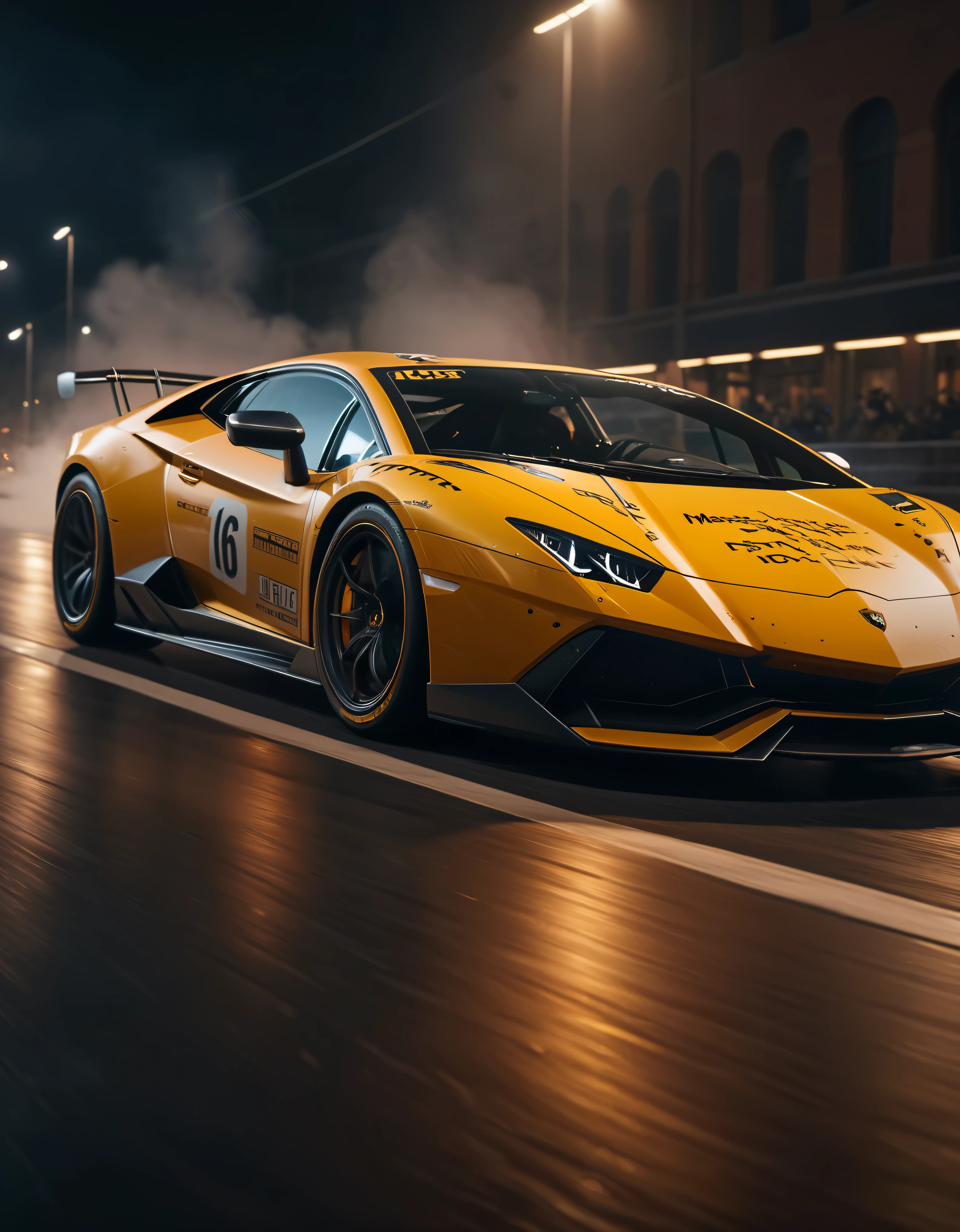 ((Masterpiece in maximum 16K resolution):1.6),((soft_color_photograpy:)1.5), ((Ultra-Detailed):1.4),((Movie-like still images and dynamic angles):1.3), ((motion blur):1.1) | (Cinematic photo of a speeding Lamborghini race car), (street race), (cinematic lens), ((tyndall effect):1.1), (Street light), (smoke), (super car), (Night at City Street), (sense of speed), (shimmer), (visual experience), (Realism), (Realistic), award-winning graphics, dark shot, film grain, extremely detailed, Digital Art, rtx, Unreal Engine, scene concept anti glare effect, All captured with sharp focus.

Rendered in ultra-high definition with UHD and retina quality, this masterpiece ensures anatomical correctness and textured skin with super detail. With a focus on high quality and accuracy, this award-winning portrayal captures every nuance in stunning 16k resolution, immersing viewers in its lifelike depiction. Avoid extreme angles or exaggerated expressions to maintain realism.