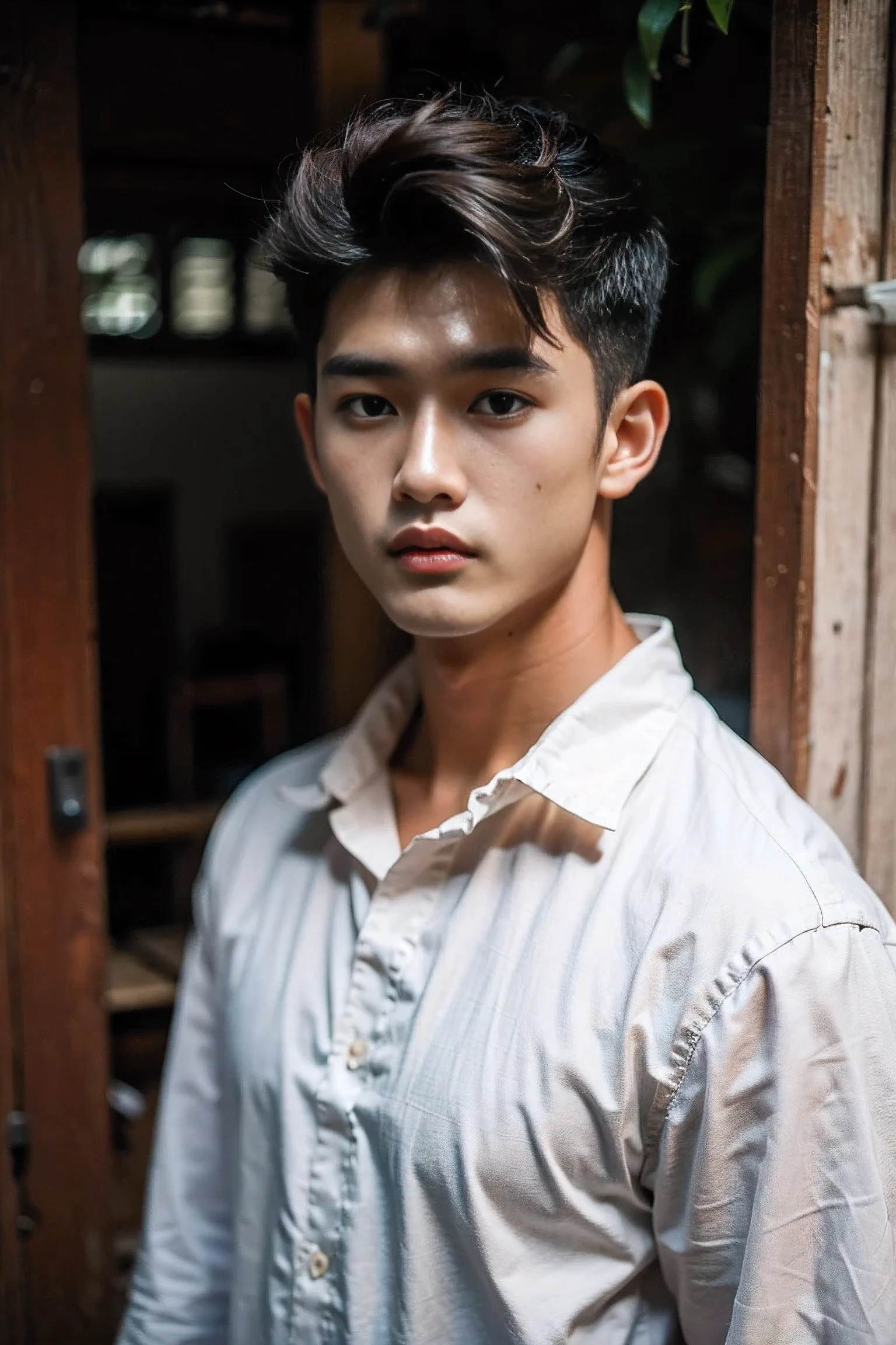 fotografia realista, homem tailandês bonito ,camisa larga grande 