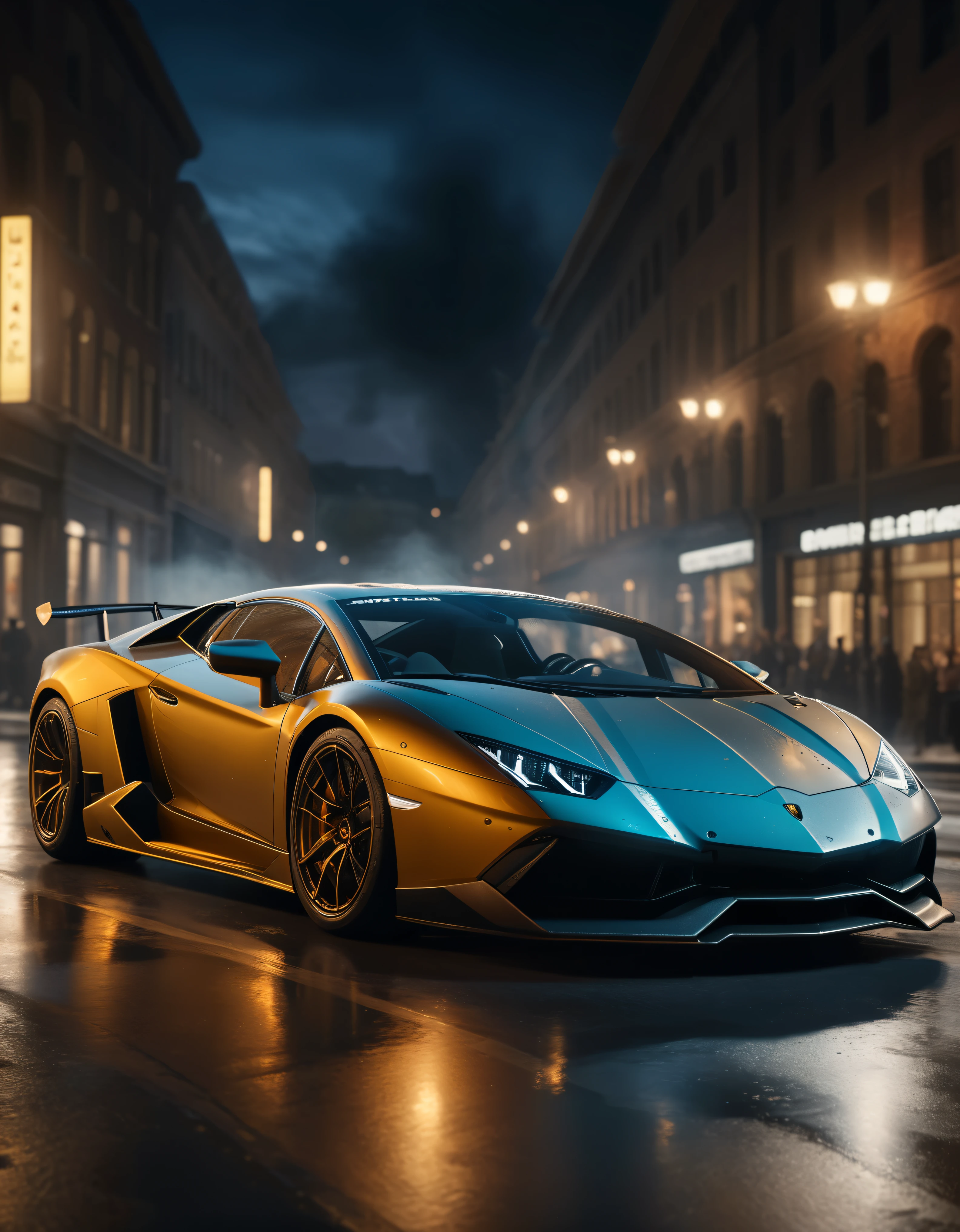 ((Masterpiece in maximum 16K resolution):1.6),((soft_color_photograpy:)1.5), ((Ultra-Detailed):1.4),((Movie-like still images and dynamic angles):1.3), ((motion blur):1.1) | (Cinematic photo of a speeding Lamborghini race car), (street race), (cinematic lens), ((tyndall effect):1.1), (Street light), (smoke), (super car), (Night at City Street), (sense of speed), (shimmer), (visual experience), (Realism), (Realistic), award-winning graphics, dark shot, film grain, extremely detailed, Digital Art, rtx, Unreal Engine, scene concept anti glare effect, All captured with sharp focus.

Rendered in ultra-high definition with UHD and retina quality, this masterpiece ensures anatomical correctness and textured skin with super detail. With a focus on high quality and accuracy, this award-winning portrayal captures every nuance in stunning 16k resolution, immersing viewers in its lifelike depiction. Avoid extreme angles or exaggerated expressions to maintain realism.