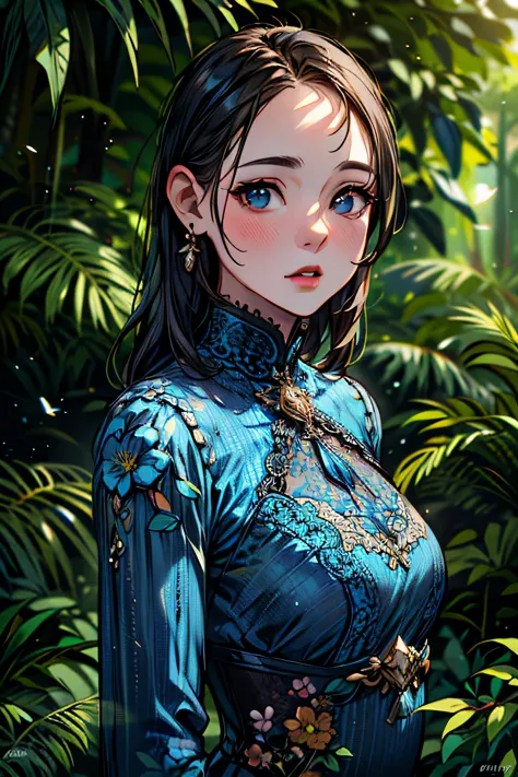 fashion photography portrait of blue human avatar, in blue lush jungle with flowers and birds, 3d render, cgi, symetrical, octan...