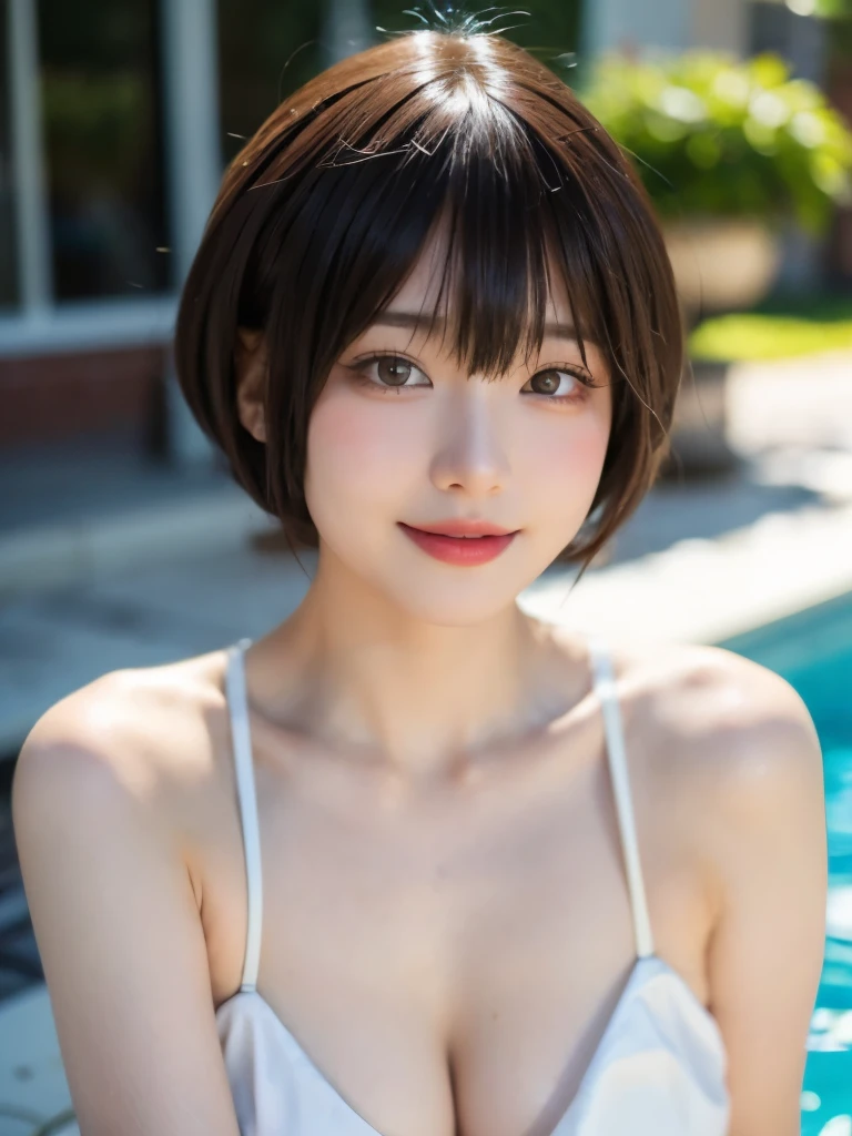 (masterpiece:1.2, highest quality), blur the background,Photographed with a camera with a wide-angle single focus lens,1 High school girl, (big breasts), naked, brown hair,short cut hair,sexy pose,bright eyes,blushing face,Highly detailed face and skin texture, healthy skin,big smile, (tropical terrace),4K resolution