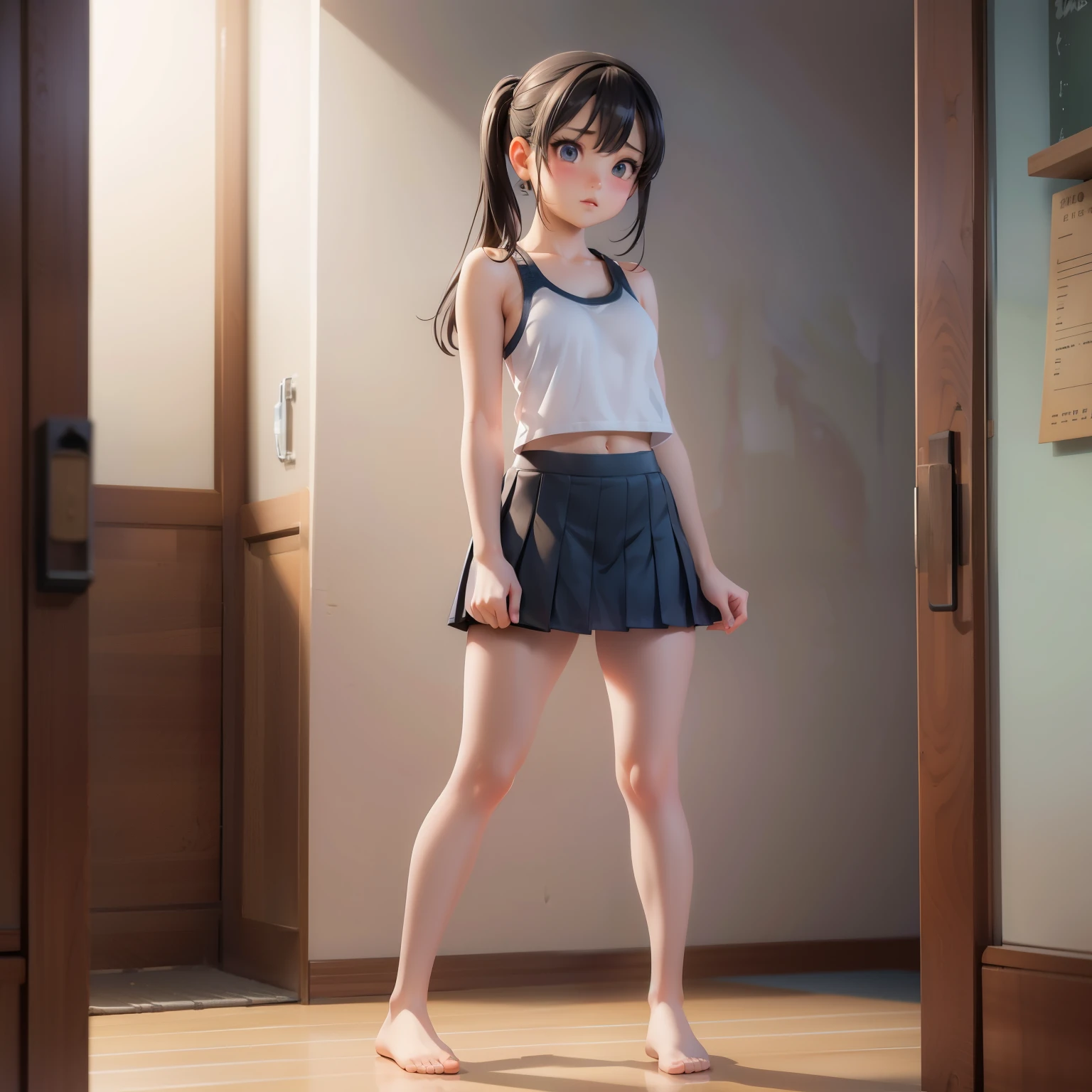 Rara Kudou, standing in a School, student, tank top, micro skirt, ((alone)), true to life body, make it real, ((perfect face)), detailed face, cinematic lighting, Masterpiece, highly detailed, high definition, detailed scenery, ((hyperrealistic anime)), ((full body:1.4))