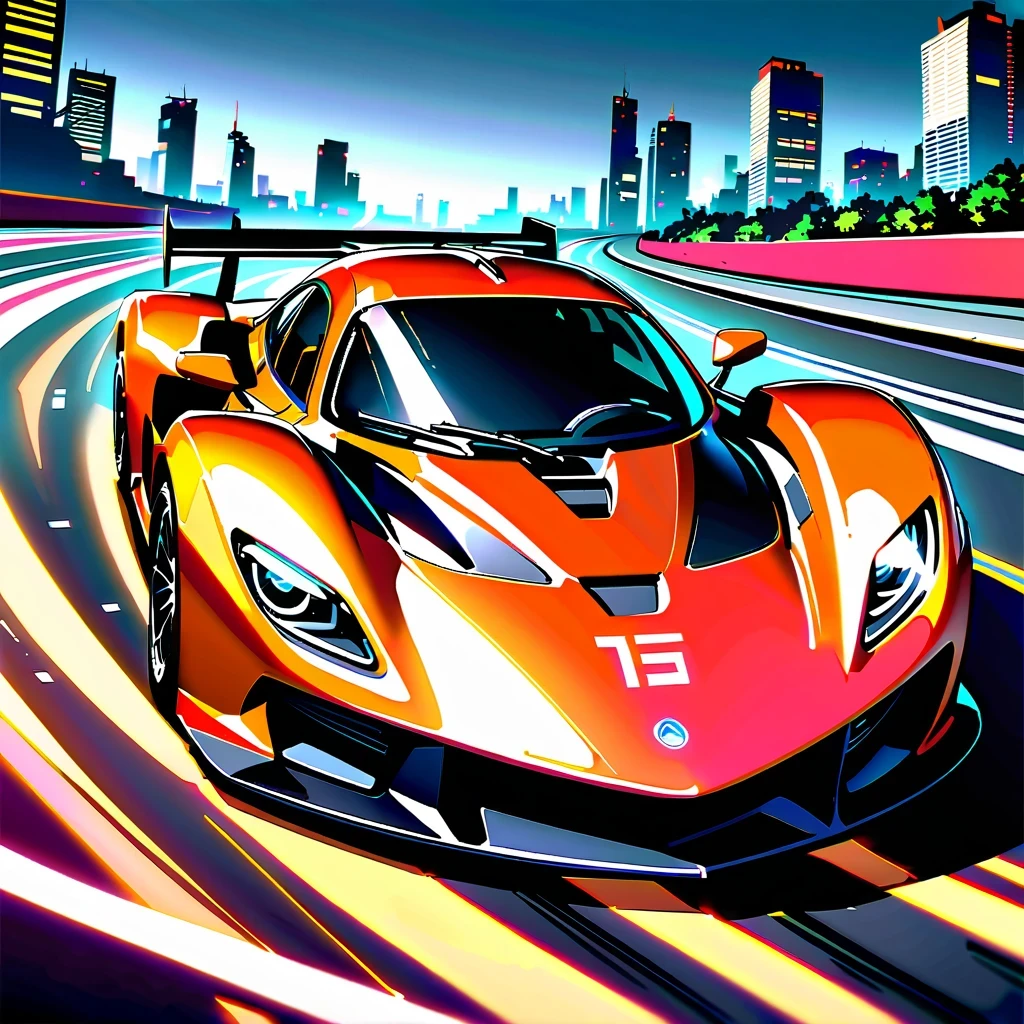 masterpiece, best quality, 4K, A stylish red racing car speeds around the track, Leave a trail of light, dark background，Contains numbers and lines representing speed or data transfer, Jet-like oil painting effect，Provide artistic style. High-tech race car with futuristic design, Smooth and dynamic lines, Race on a spacious track，The streamlined body and cool black color are eye-catching. Cityscape background with skyscrapers and bustling scenery, Forming a picture full of modernity and technology. The racing car is placed at the bottom of the frame, The cityscape fills the rest of the frame