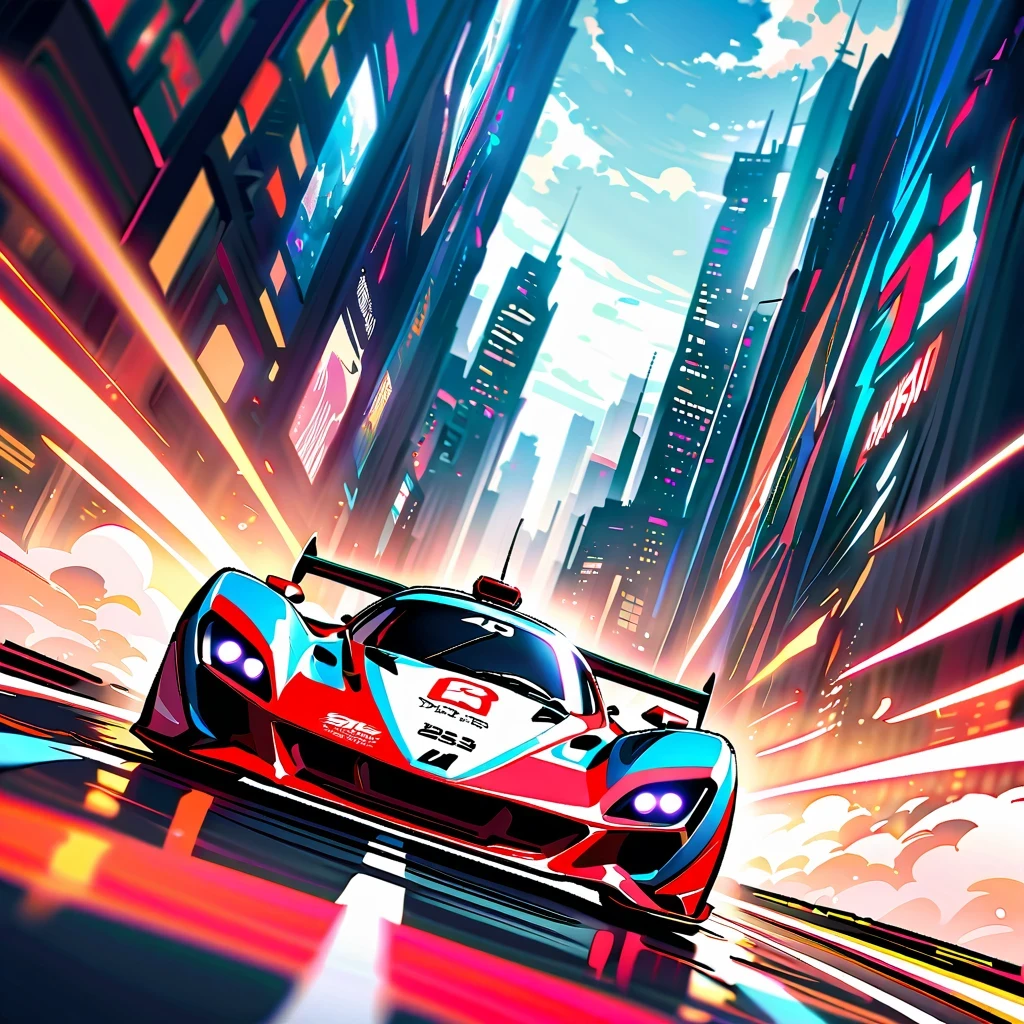 masterpiece, best quality, 4K, A stylish red racing car speeds around the track, Leave a trail of light, dark background，Contains numbers and lines representing speed or data transfer, Jet-like oil painting effect，Provide artistic style. High-tech race car with futuristic design, Smooth and dynamic lines, Race on a spacious track，The streamlined body and cool black color are eye-catching. Cityscape background with skyscrapers and bustling scenery, Forming a picture full of modernity and technology. The racing car is placed at the bottom of the frame, The cityscape fills the rest of the frame