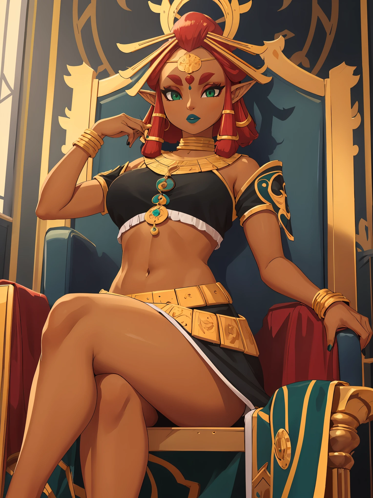 Big breasts, green eyes, dark blue lips, sitting on a throne, Riju