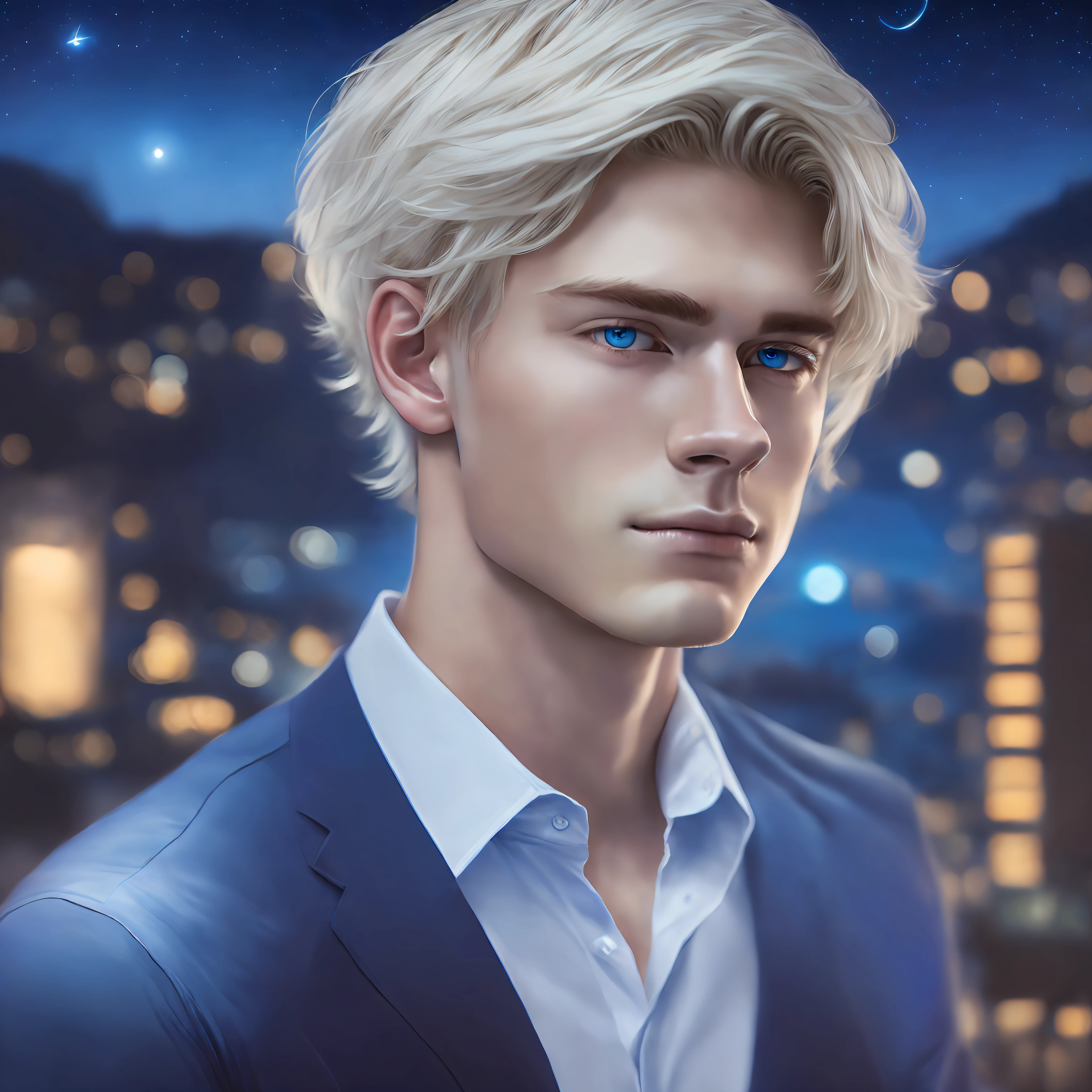 realistic portrait of beautiful twenty-two-year-old man ((white skin color)), ((looking at the night sky from the roof)), ((blue eyes)) wearing in a blue shirt and jeans, current fashion, (((short blonde hair)), ((kanekalon)), dark background lighting, close-up, product vision, detailed facial details, perfect face, sharpness, trend art, sharp facial details,  cgsociety, ultra high quality digital art, hyper exquisite details, 4K, 8K soft lighting, dreamy --ISO 100, fashion - --auto --s2