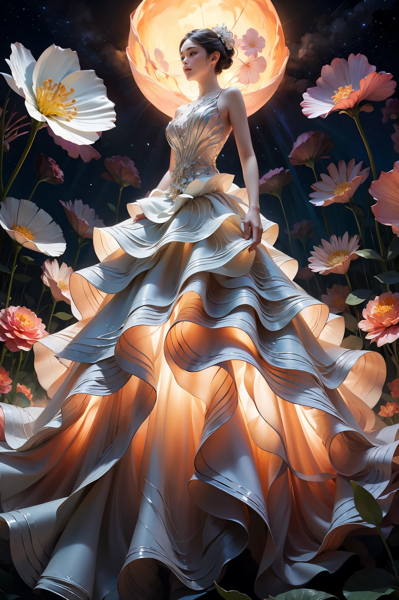 Dramatic landscape style, elegant, clear focus, soft lighting, vibrant colors, masterpiece, 1 girl, (glowing skirt), colorful light skirt, standing in the rose bushes, dreamy scene, glowing particles, soft lighting, forest, (moon), starry sky, clear details, flowing hair, exquisite facial features, extremely beautiful face, masterpiece, best quality