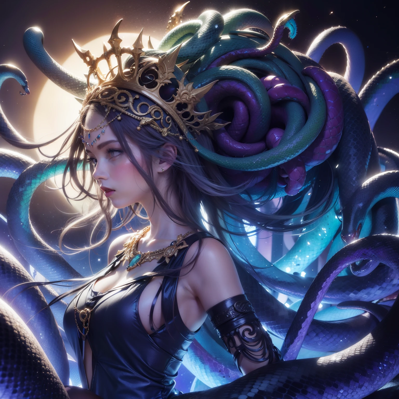 (A woman with the body and head of a large amount of thin snakes growing out of her hair.), (Two snakes staring at you from the upper left:1.2、eyes are shining、Reptile scales)、(A confident and bullish look:1.3)、A woman looking up slightly、cold emerald eyes、Cold-blooded face、Smile、thin lips、the corners of the mouth slightly raised、(highest quality,4K,8K,High resolution,masterpiece:1.2),Super detailed,(realistic,photorealistic,photo-realistic:1.37),side view、Two snake heads staring straight ahead from the top left、Night sky and big full moon in the background、 silver hair、Delicate gold hair ornament、Gold crown、night sky、gold necklace、fierce Medusa, female Medusa long hair, small details.  shiny skin、Medusa, many snakes, There are many thin snakes in her hair., male Medusa, long flowing Medusa hair, goddess, eldritch goddess, Medusa,