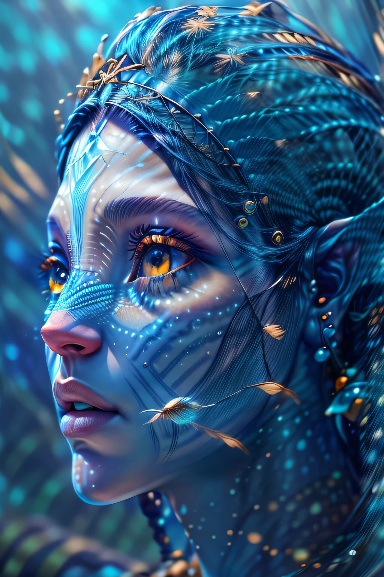 Fotografía de moda retrato de avatar humano azul., en el mar azul con peces, representación 3d, cgi, simétrico, renderizado de octanaje, 35mm, bokeh, 9:16, (detalles intrincados:1.12), HDR, (detalles intrincados, hiperdetallado:1.15), (textura natural de la piel, hyperrealism, Luz tenue, afilado:1.2)
