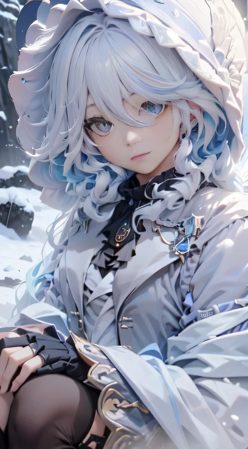 Hay una mujer con capucha sentada en la nieve., obra de arte al estilo de guweiz, guweiz, estilo de arte anime realista, chica perfecta de pelo blanco, Guweiz y ArtStation Pixiv, tendencia en cgstation, hermoso retrato animado, Guweiz y Pixiv Artstation, estilo animado. 8K, render fotorrealista de chica anime