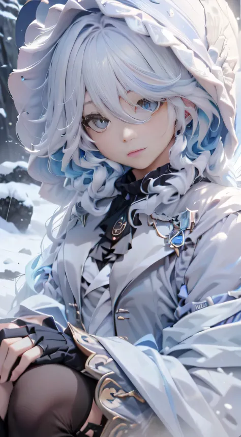 hay una mujer con capucha sentada en la nieve., obra de arte al estilo de guweiz, guweiz, estilo de arte anime realista, chica p...