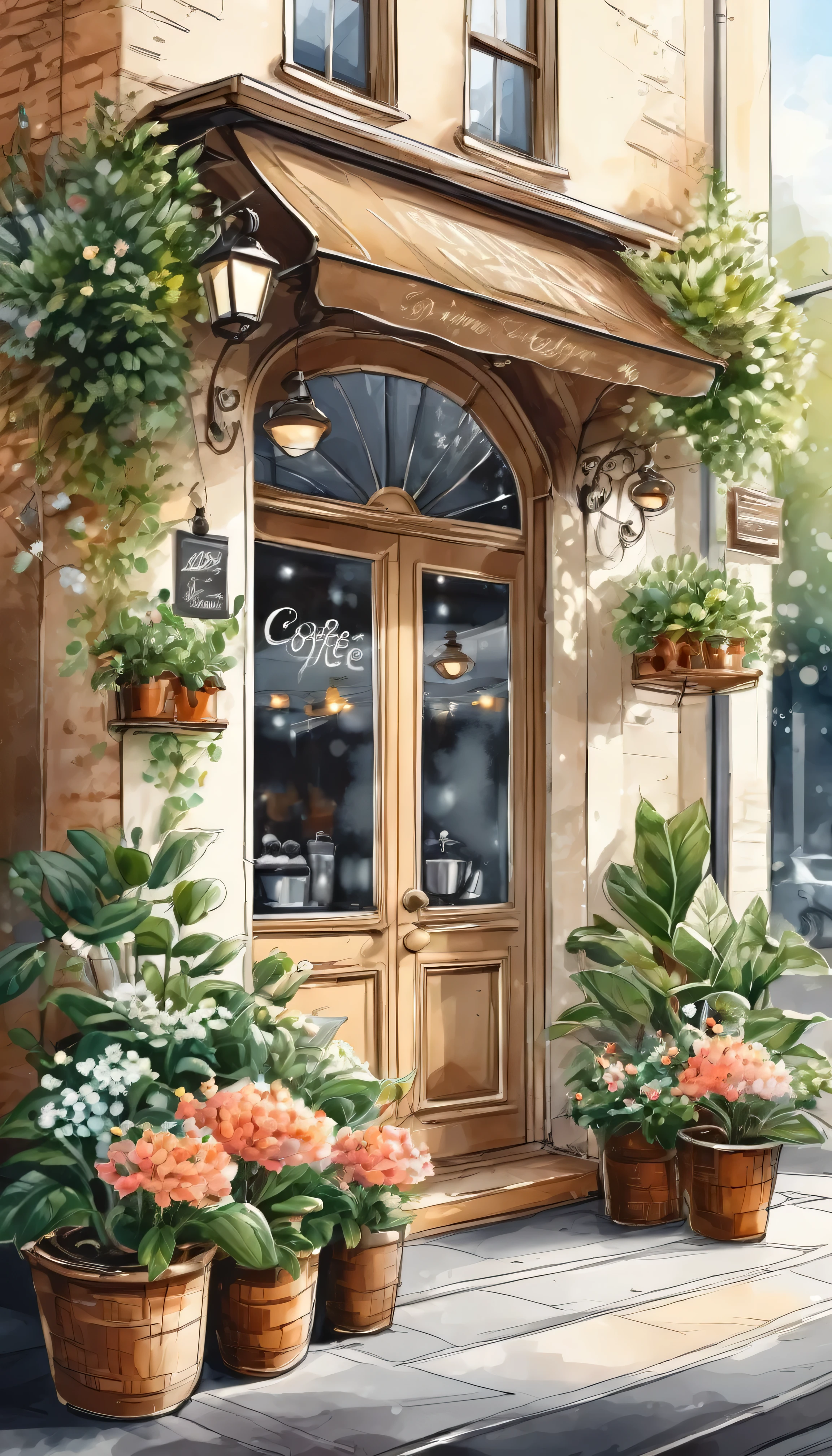 Hand drawn illustration outdoor coffee shop entrance，Fragrant coffee, Exquisite and elegant decoration.Fresh and bright flowers and plants.Very detailed,tonal texture.The contrast between light and shadow is obvious