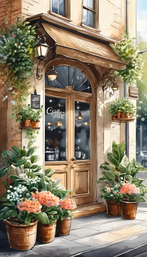 Hand drawn illustration outdoor coffee shop entrance，Fragrant coffee, Exquisite and elegant decoration.Fresh and bright flowers ...