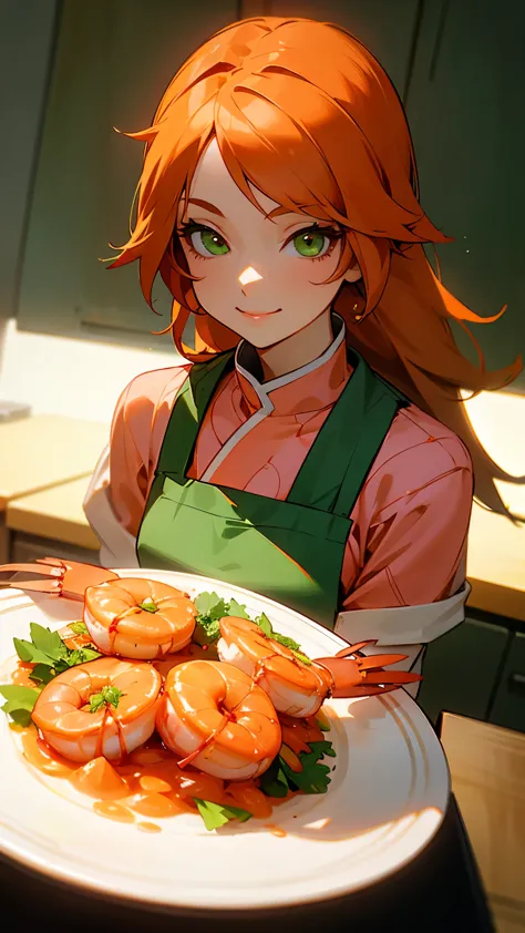 1 girl、solo、orange hair、green eyes、smile、cook in the kitchen、cooking shrimp on a plate、professional lighting、anime style、upper b...