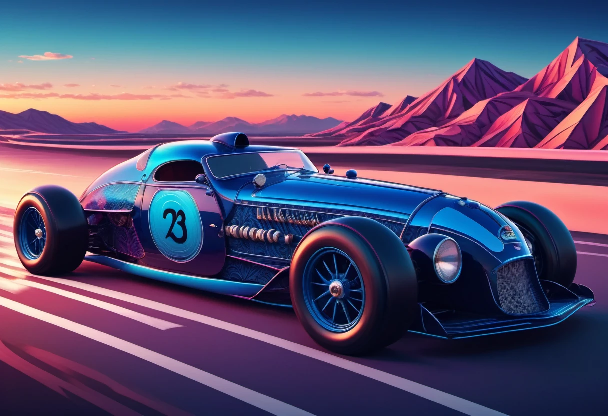(best quality, highres), Marija,stunning and magical woman driving a mgical old racing car, magical sunset, vaporwave old school racing car, on the road, speed,  in blue tones, zentangle, 3d crunch, cinematic,