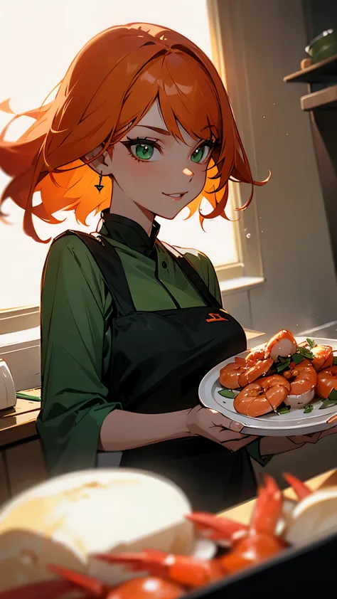 1 girl、solo、orange hair、beautiful green eyes、evil smile、from the side、cook in the kitchen、cooking shrimp on a plate、professional...