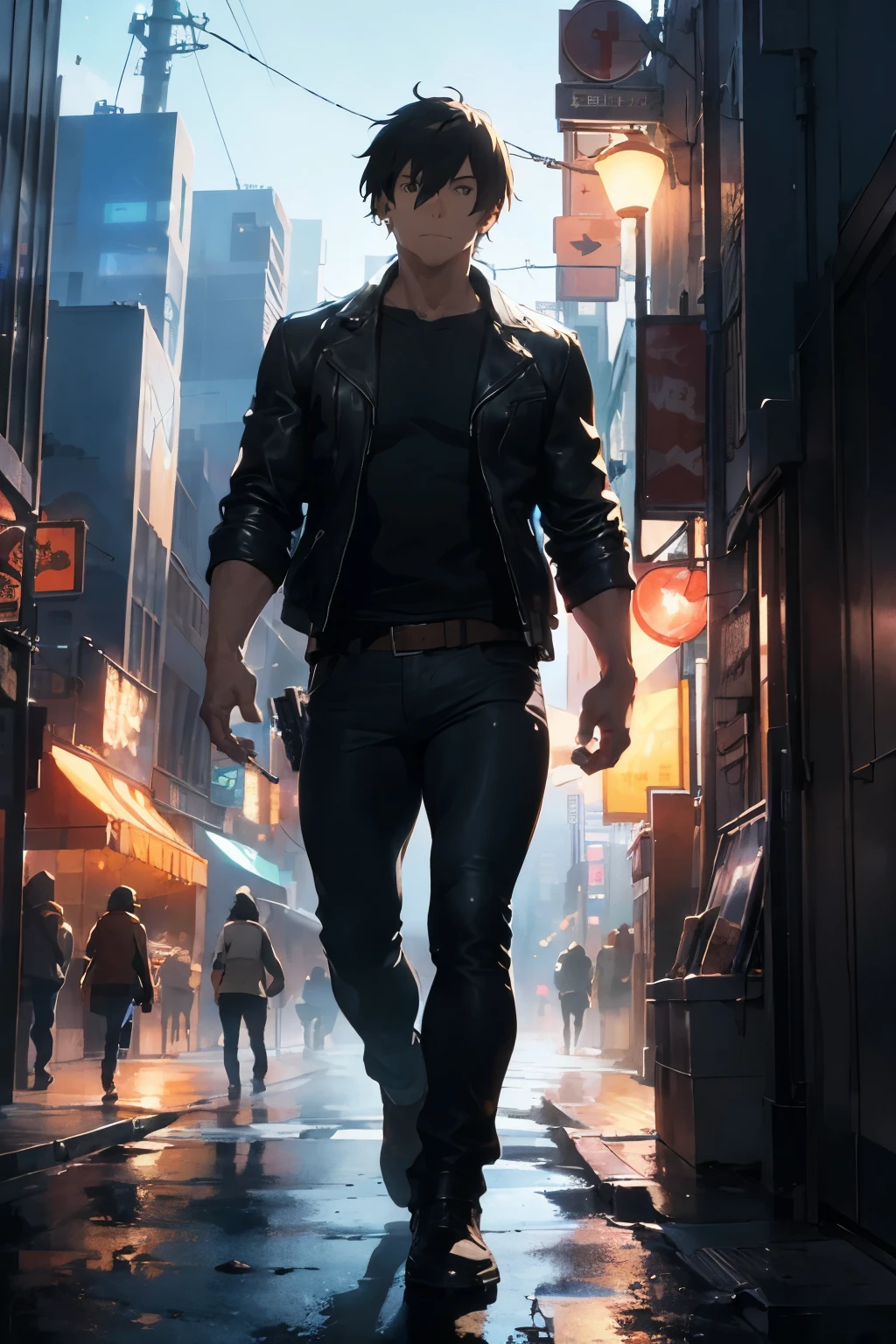 male former cop in a leather jacket, well built, serious tone, three o clock shadows, walking toward the camera, guns in hand, city neons ((best quality)), ((masterpiece)), (detailed), digital painting, style of makoto shinkai