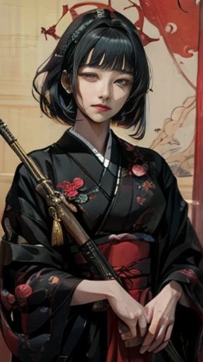 ((masterpiece)), (High resolution:1.3), (professional photography:1.2), highest quality, 8K,A slender woman wearing a maid outfit holding a rifle with a blade、black slanted bob、bobbed hair、round bang、Bangs are aligned above the eyebrows、traditional japanese art, Appointment and Maruyama Okyo, ancient japanese painting、Meiji period
