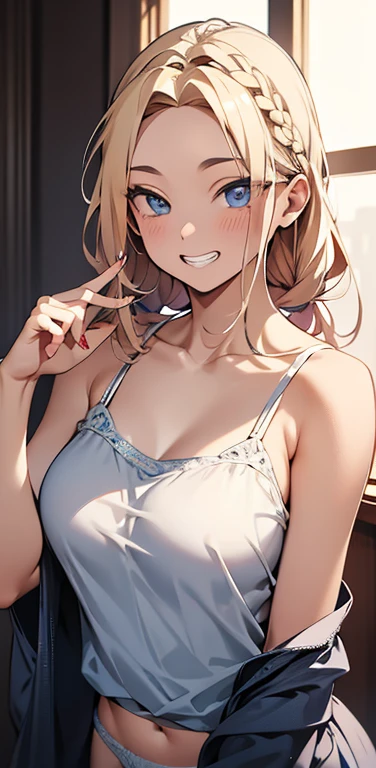 Realistic、1house wife、blonde hair、braid、blue eyes、(eye focus:1.3,face focus,upper body),(gradient eyes:1.3),(camisole　sexy　panties
)、open mouth,(grin:1.3),forehead,cute face、(finger to mouth),