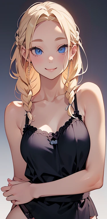 Realistic、1house wife、blonde hair、braid、blue eyes、(eye focus:1.3,face focus,upper body),(gradient eyes:1.3),(camisole　sexy　panties
)、(forced smile:1.3),forehead,cute face、(hand to face),