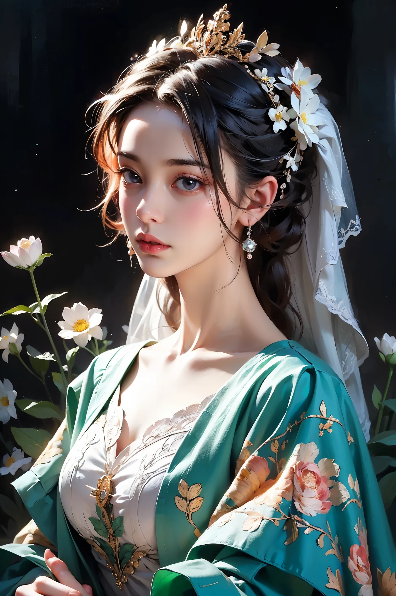 (Masterpiece: 1.4, best quality), (extremely complex), highly detailed, (absurd), super detailed, beautiful and beautiful, beautiful girl with pink hair wearing a dress made out of flowers by karol bak and vincent van gogh. masterpiece portrait oil on canvas painting, Ultra high quality, 16k