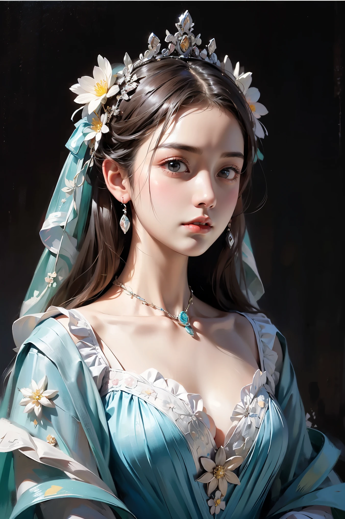 (Masterpiece: 1.4, best quality), (extremely complex), highly detailed, (absurd), super detailed, beautiful and beautiful, beautiful girl with pink hair wearing a dress made out of flowers by karol bak and vincent van gogh. masterpiece portrait oil on canvas painting, Ultra high quality, 16k