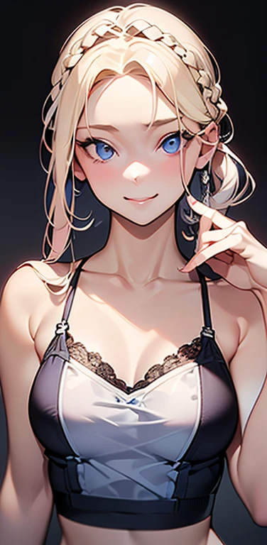 Realistic、1house wife、blonde hair、braid、blue eyes、(eye focus:1.3,face focus,upper body),(gradient eyes:1.3),(camisole　sexy　panties
)、(forced smile:1.3),single braid,cute face、(hand to face),