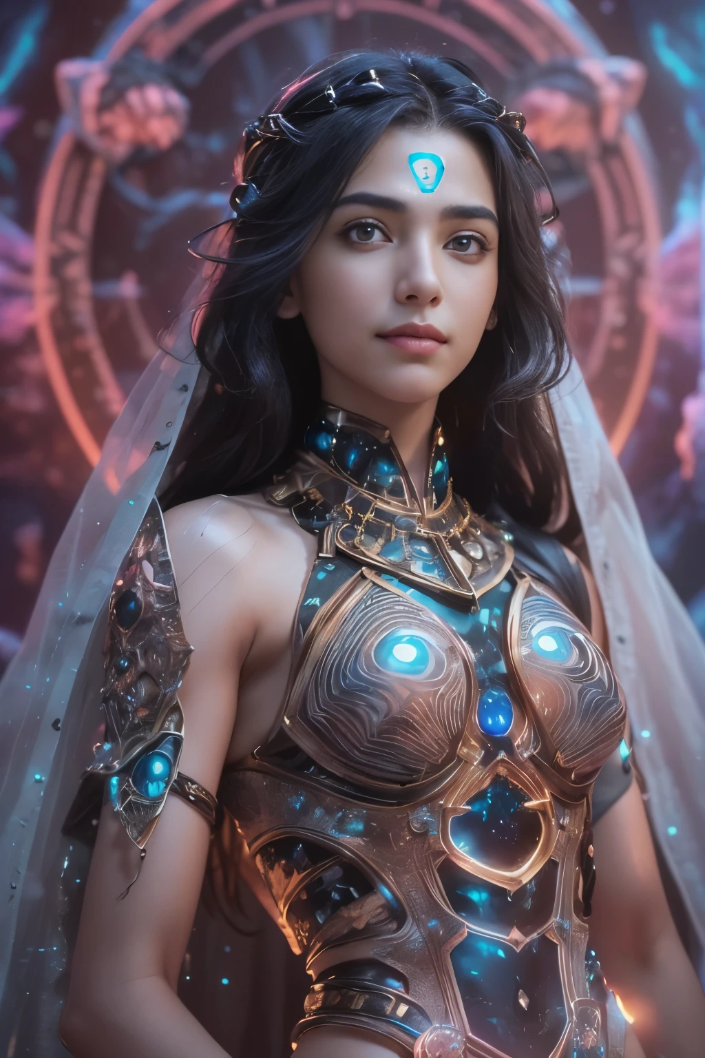 (One beautiful Saudi Arabian teenage girl:1.6),(She wears a white bodysuit with a beautiful fractal or marble design:1.5),(She wears a very beautifully designed gauntlet with jeweled details:1.6), ((she is showing her armpits:1.6)), (erotic pose:1.6), (model pose:1.6), incredibly spectacular scene, ((high quality)), ((fantasy)), blue plasma brain, green plasma body, obscene, average, (despicable:1.2), (immoral:1.2), (Small breasts with beautifully raised pink areolas:1.5), (expression of ecstasy:1.2), super realistic photos, official art, unity 8k wallpaper, 8K portrait, high quality, very high resolution, (incredibly beautiful nature background:1.6), (18-year-old:1.5), (sexy and glamorous:1.1), (coquettish expression:1.6), (smile seductively:1.6), beautiful seductive face, portrait, (thick eyebrows:1.4), Beautiful eyes with high bilateral symmetry, (highly detailed eyes:1.4),(highly detailed face and eyes:1.7), (High resolution obsidian eyes:1.8),  (Highly detailed skin texture:1.4), Very detailed brown skin, perfect anatomy, thin, (Beautiful muscular and toned body:1.6), highly detailed jet black hair,  (moist skin:1.7), no makeup, (bear:1.1), excellent anatomy, focal plane, good looking, (emilia clarke:0.1) (emma watson:0.3),(jennifer connelly:0.24),  (A delicately crafted necklace is wrapped around her neck.), (Bioluminescence with a brilliant glow:1.4), (Shining magic circle:1.5), ruins of an ancient castle, Shining majestic clouds and sky, lightning, spectacular realistic, (greg latkowski:0.8), (teal and orange:0.4), (art station:1.5), cinematic, (NSFW:1.6), dramatic light, (intricate details:1.1),milky way, (nebula:1.6), dark Knight, Note the fully armored body