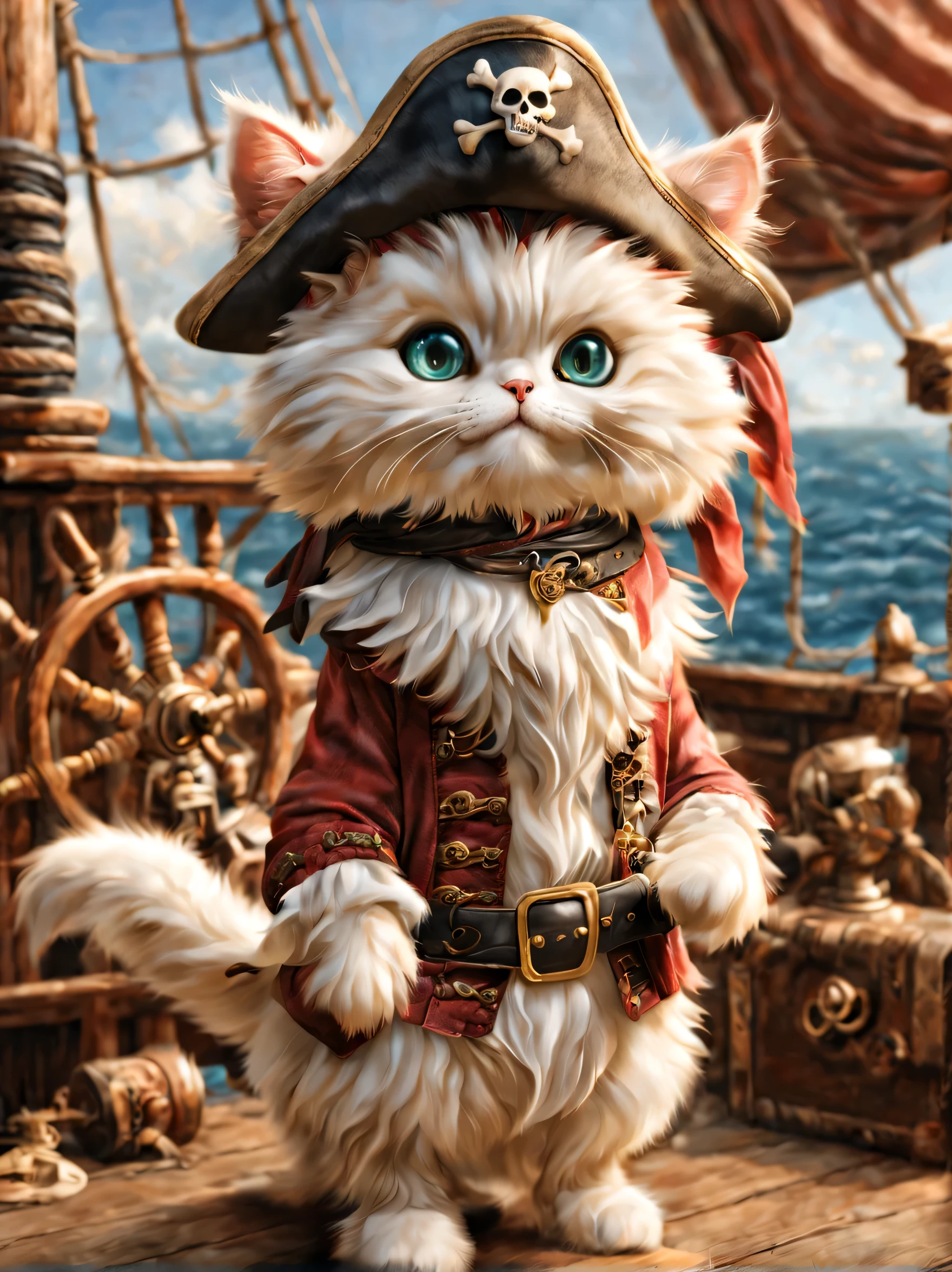 Pirate cat with a pirate hat and eye patch standing on a ship deck - SeaArt  AI