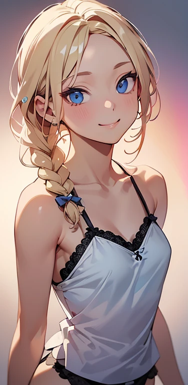 Realistic、1house wife、blonde hair、braid、blue eyes、(eye focus:1.3,face focus,upper body),(gradient eyes:1.3),(camisole　sexy　panties
)、(forced smile:1.3),single braid,cute face、(tareme:1.3),(small breasts:1.3),