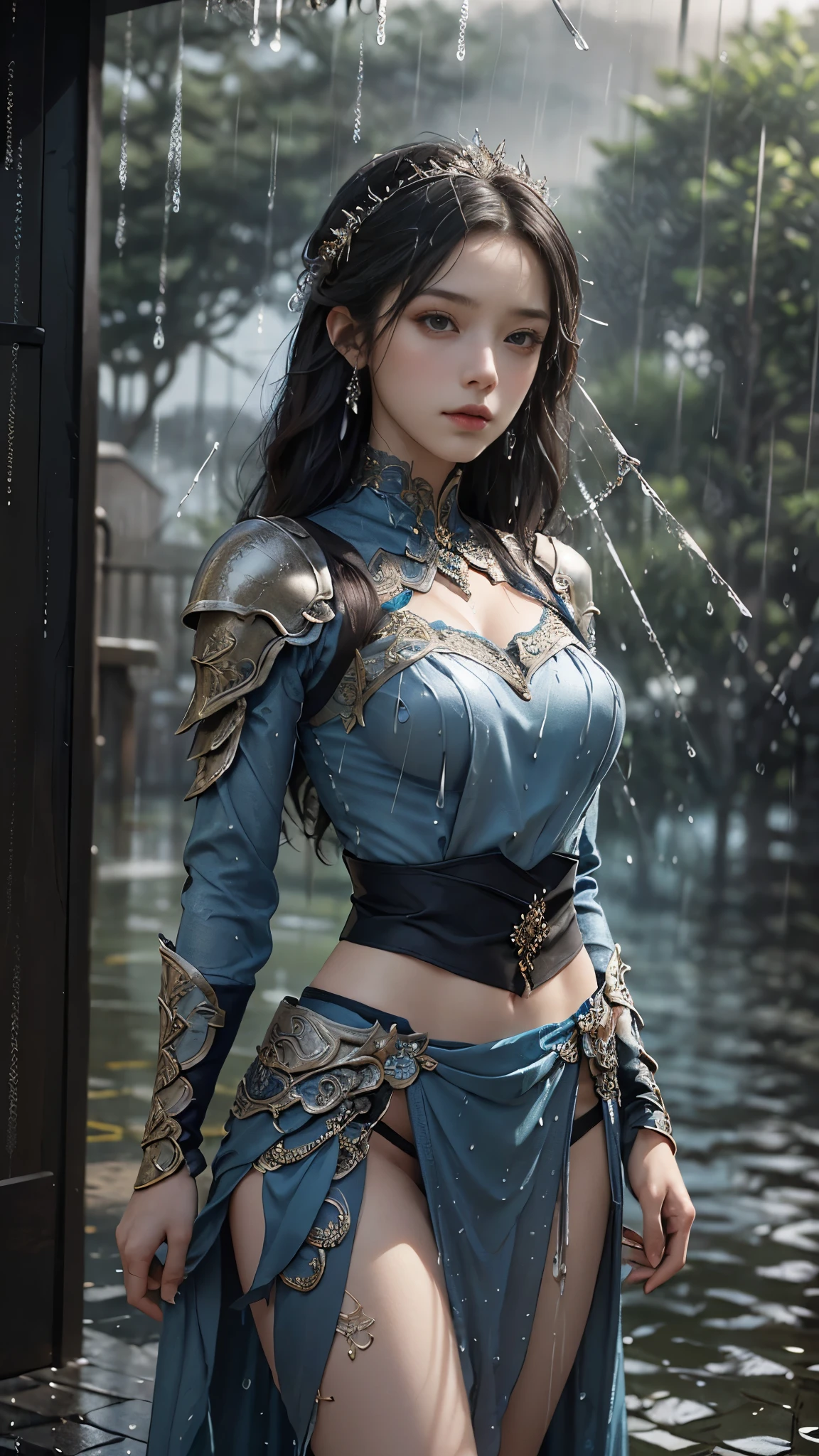 a woman in a blue dress, realistic Art Station, (hard raining:1.5), Detailed Fantasy Art, Stunning Character Art, beautiful Exquisite Character Art, Beautiful blue Armor, (bare waist:1.5), Extremely Detailed, blue armor Girl, Exquisite Intricate Headdress and Jewelry, whole body capture,