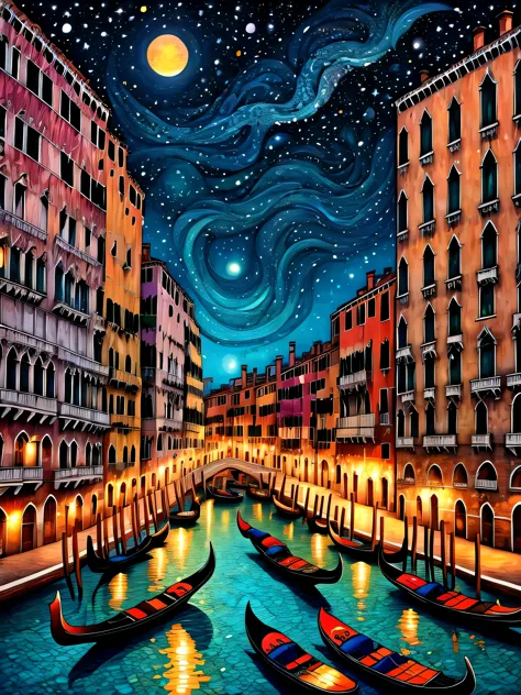 zentangle style painting:venice,illustration style,draw with thick lines,detailed pattern,cute,pop,gentle color,cast colorful sp...