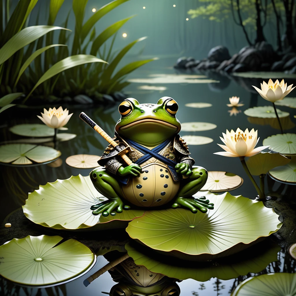 (a chibi figurine:1.4), masterpiece in maximum 16K resolution, (solo close up front view:1.4) captivating scene featuring a lone (frog (samurai) standing atop a lily pad in the middle of a serene pond and holding a bamboo sword with precision and grace). | The frog samurai (wearing an intricately designed traditional Japanese armor crafted from shimmering lotus leaves). | In the background, ((fireflies)) dance around the frog samurai, creating a magical and enchanting atmosphere. | The reflection of the moon and fireflies shimmer on the water's surface, adding to the mystical ambiance of this unique and unforgettable moment. | ((More_Detail))
