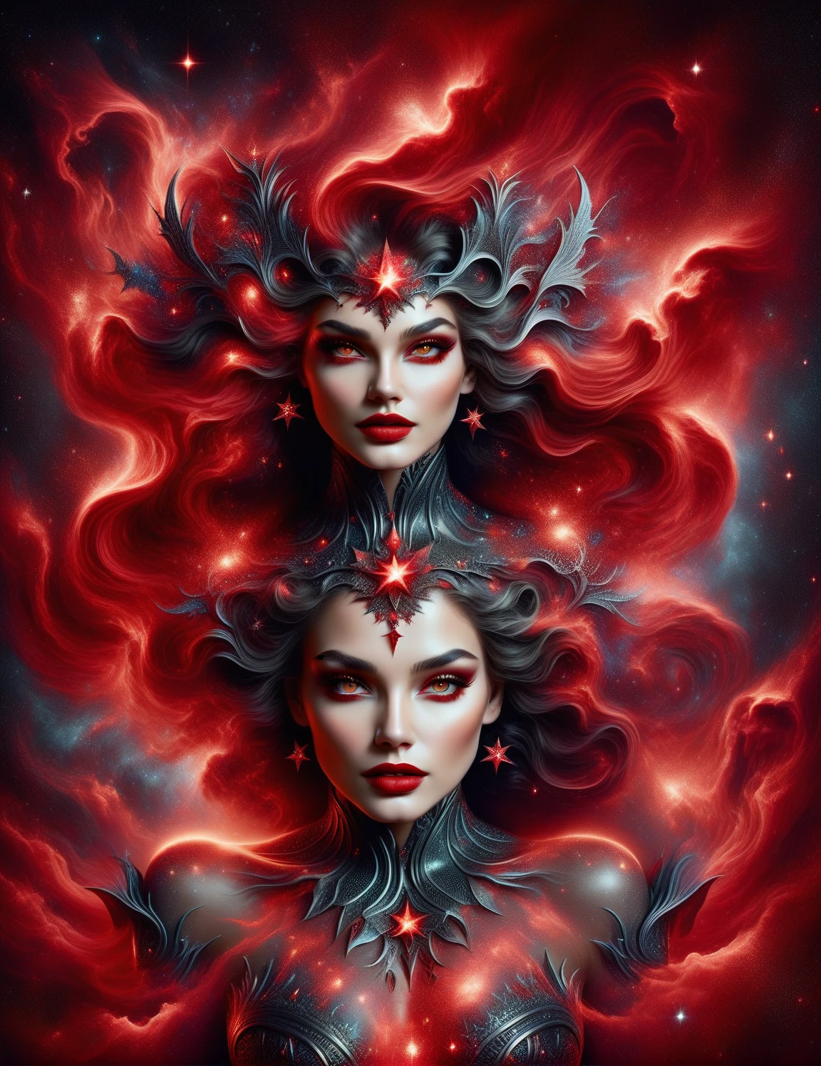ragingnebula,high quality , dress made out of black stars, close up photo of very seductive red lips,sexy,beautiful,realistic,lifelike,studio photo,highly detailed,beautiful highly detailed eyes, dreamcore, Illustrations in the style of fantasy mythology, ultra realistic illustration, complementary colors