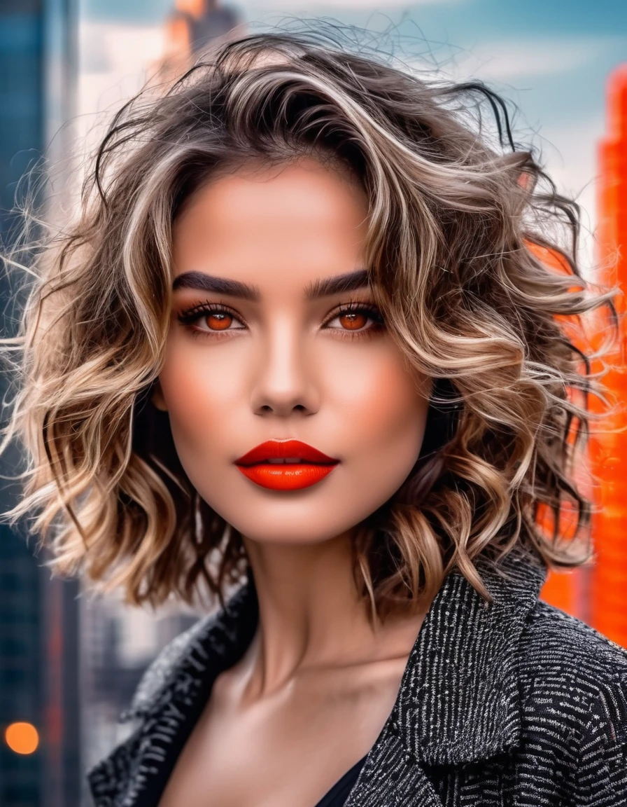 A confident woman with tousled waves and a soft red lip color, orange eyes color, posing before a monochrome cityscape backdrop, enhanced by fractal details.