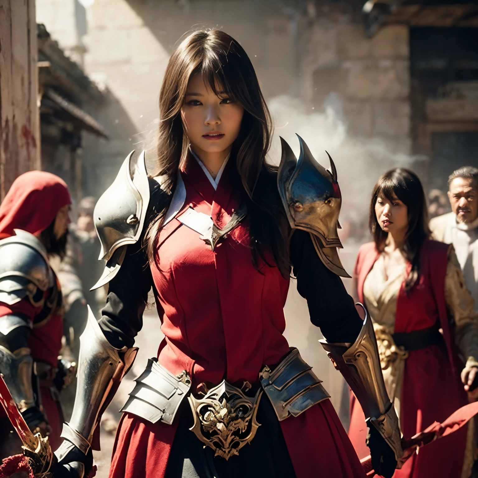 (((Realistic, masterpiece, best quality, crisp detail, high definition, high detail, sharp focus, perfect studio lightning))), 20 years old kasumi arimura, wearing damaged armor, japan style armor, full body armor, full decorated golden armor, long straight hair, dirty, sweating, bloodstained face, blood scattered armor, bloodbath, carnage, swinging long blood scattered sword against cursed warriors, an epic war, fire everywhere, smoke everywhere, blood everywhere, death everywhere, japan edo period, brutal battle background