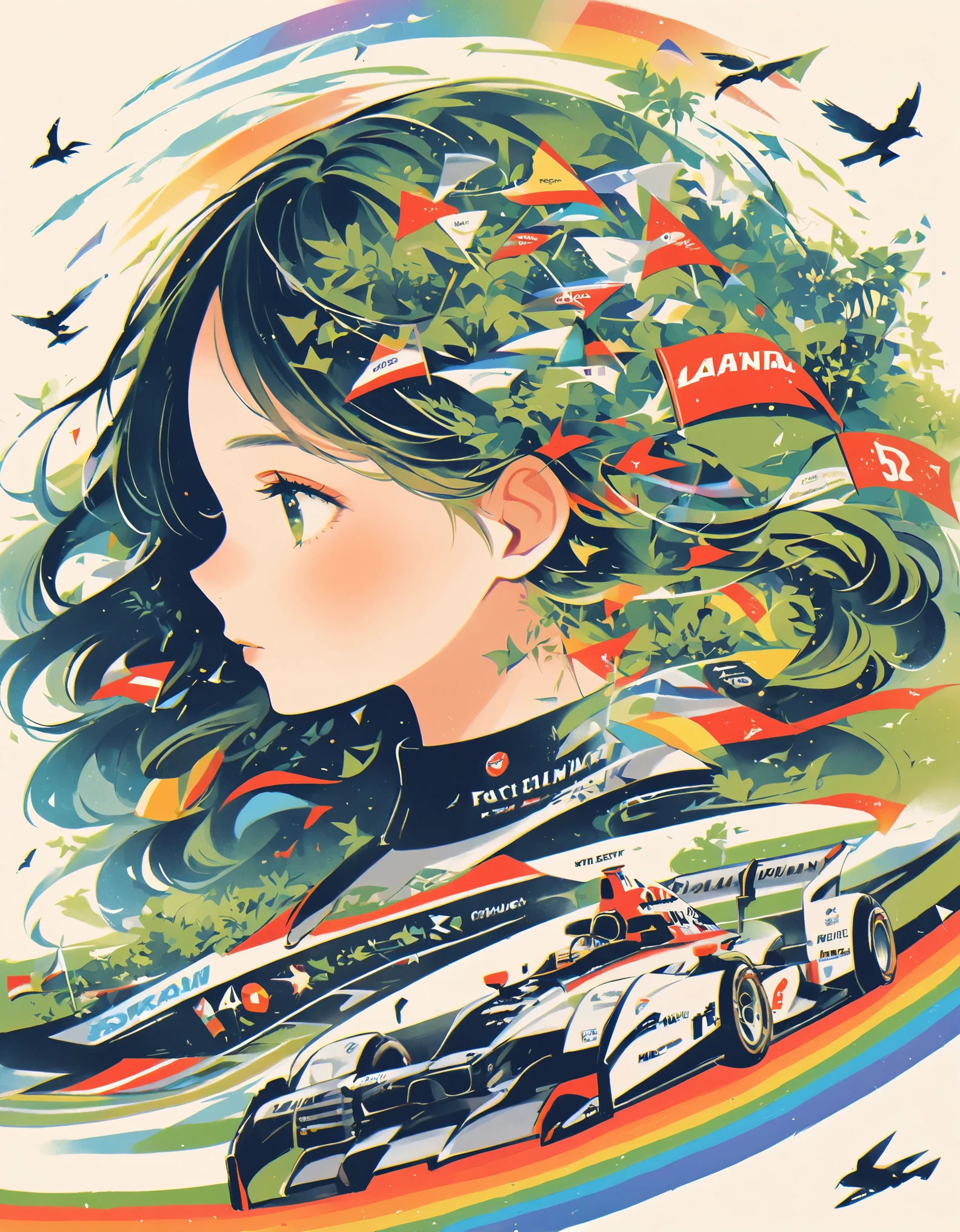 (Long shot: 1.8), (Masterpiece, Best Quality: 1.2), (Planar Vector: 1.3), Artistic Concept Illustration, Minimalism, Maximalist Style, (F1 Racing), (Racing), A girl's head decorated with many colorful F1 racing cars and trophies, flags, and hair adorned with racing and track elements, decorated with various patterns and fonts (neck fused with scattered racing tracks), (Sports Trail), Fantasy Illustration of Rainbow Lane, evoking the charm of crazy racing. The background blends with her hair, the portrait and racing elements are pieced together, used for imaginative illustrations, the concept of dreams,