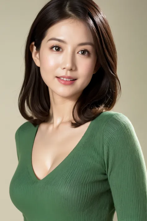 (super detailed), ((realistic)), (better quality), very beautiful woman, bob hair, green v-neck knit, she has sparkling eyes, 8K...