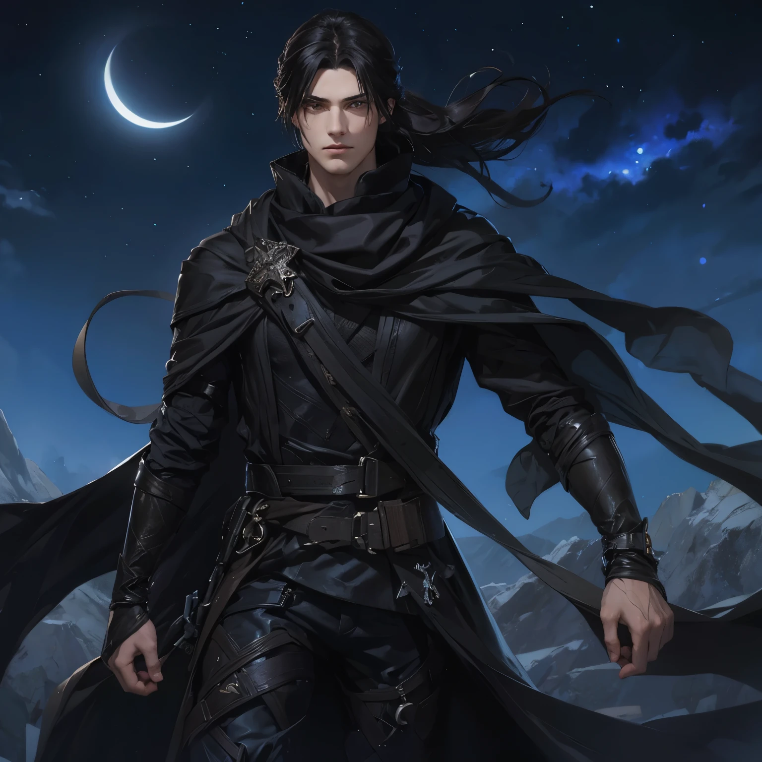 an image of a 19 year old teenage MALE character who has dark long hair tied into a ponytail, a black scarf around his neck flowing with the wind, and an all black medieval fantasy sleek leather gear. an air of mystery, an apathetic look on his face. Under the dark blue sky, dark yellowish eyes. Night sky. Make him strikingly handsome, enigmatic, 4k, high resolution, masterpiece, dark fantasy 