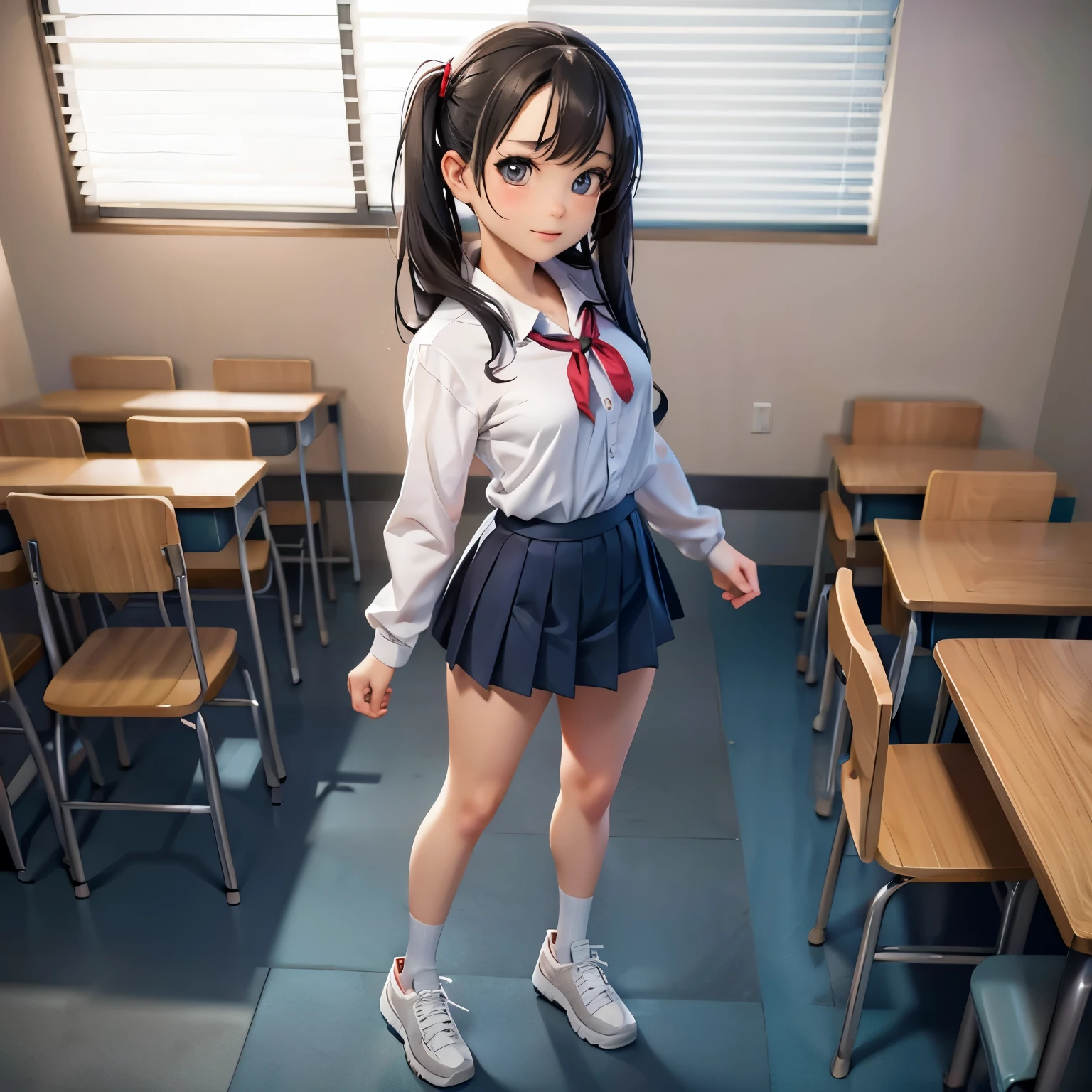 Rara Kudou, standing in a classroom, uniform, ((alone)), true to life body, make it real, ((perfect face)), cinematic lighting, masterpiece, highly detailed, high definition, detailed scenery, ((hyperrealistic anime)), ((full body: 1.4))