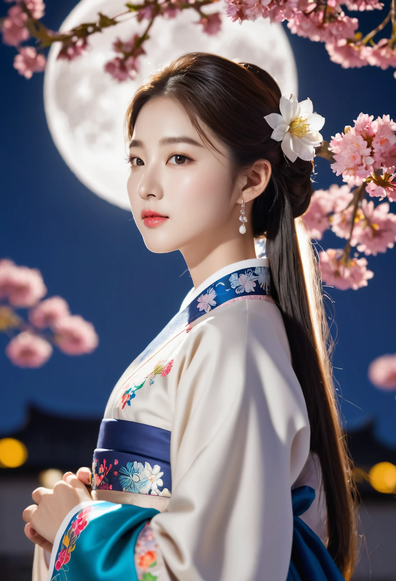 Meilleure qualité, Haut_résoudre, clairement_image, contexte détaillé ,fille, Hanbok,fleur,fleur园,lune, nuit,Cap hollandais, lentille Grand angle, couronne, 