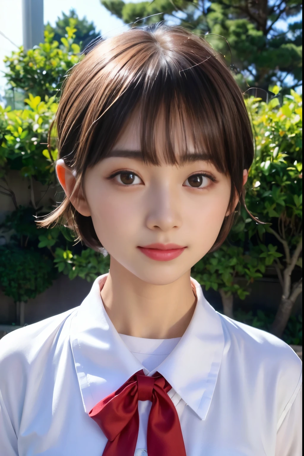 ((highest quality))、(masterpiece:1.4)、Raw photo、8K、((best image quality))、 ((highest resolution))、Beautiful face in every detail、very detailed、gentle expression、(one woman:1.3 )、realistic、Photo realistic、(very short hair:1.4)、(Beautiful woman)、(cute japanese girl:1.3)、(mannish)、((Beautiful woman))、(beautiful hair)、((dark brown hair))、(((red cheeks)))、((her eyes are big))、20 year old beauty、(her face is small:1.7)、small head、((long neck))、white skin、spotless skin、With bangs、everyone admires、Japanese Beautiful woman、(8 heads tall)、(dress shirt)、((ribbon))、((school uniform))、high school girl uniform、smile