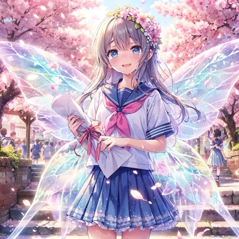  (Masterpiece, best quality), 1girl, solo, Spring, cherry blossoms in full bloom, a fairy girl with transparent colorful fairy w...